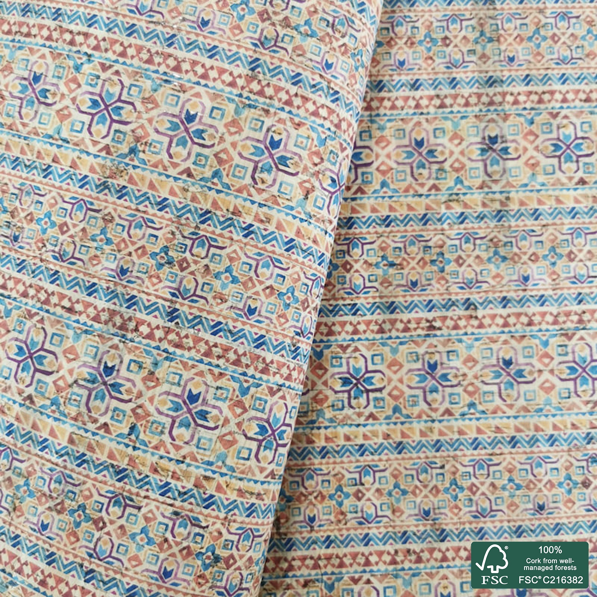 Tiles printed pattern on natural cork fabric (366)