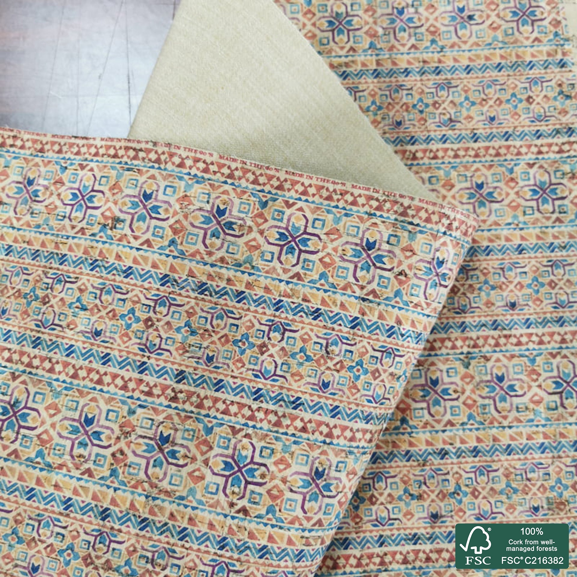 Tiles printed pattern on natural cork fabric (366)