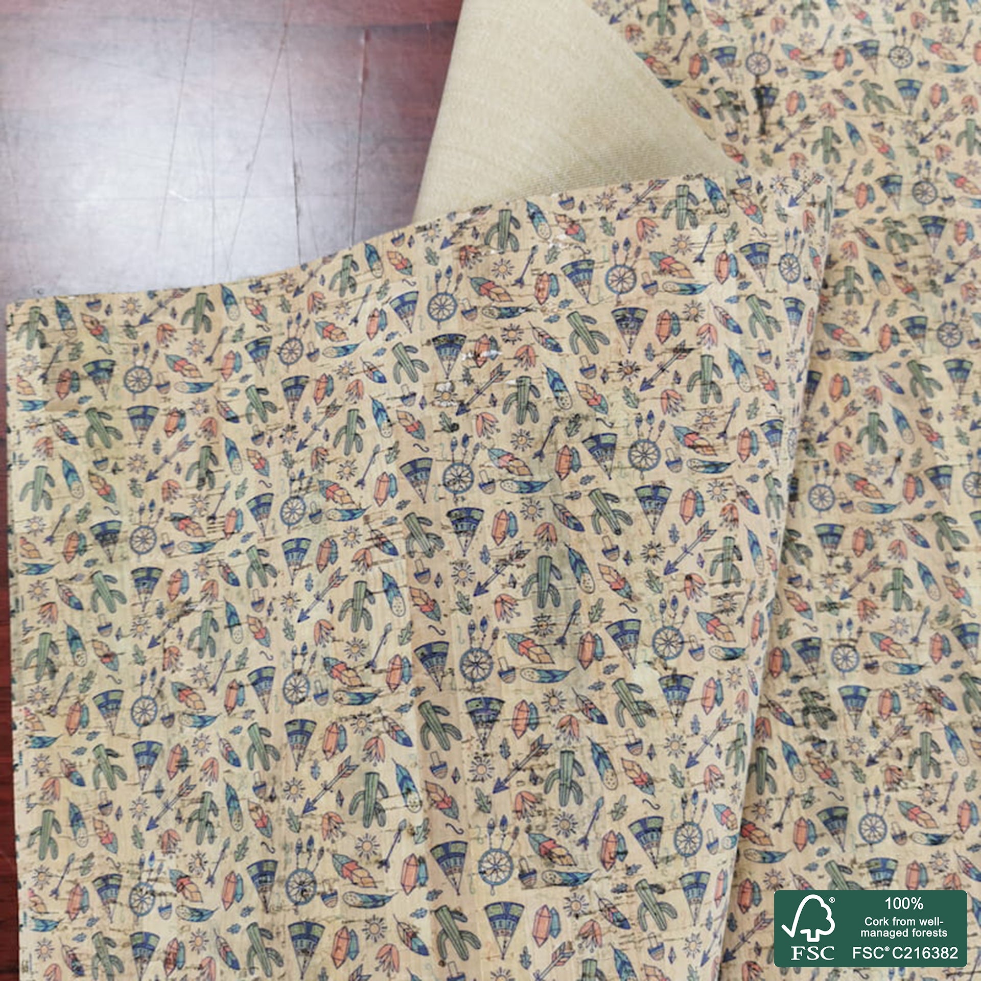 Tribal printed pattern on natural cork fabric (367)