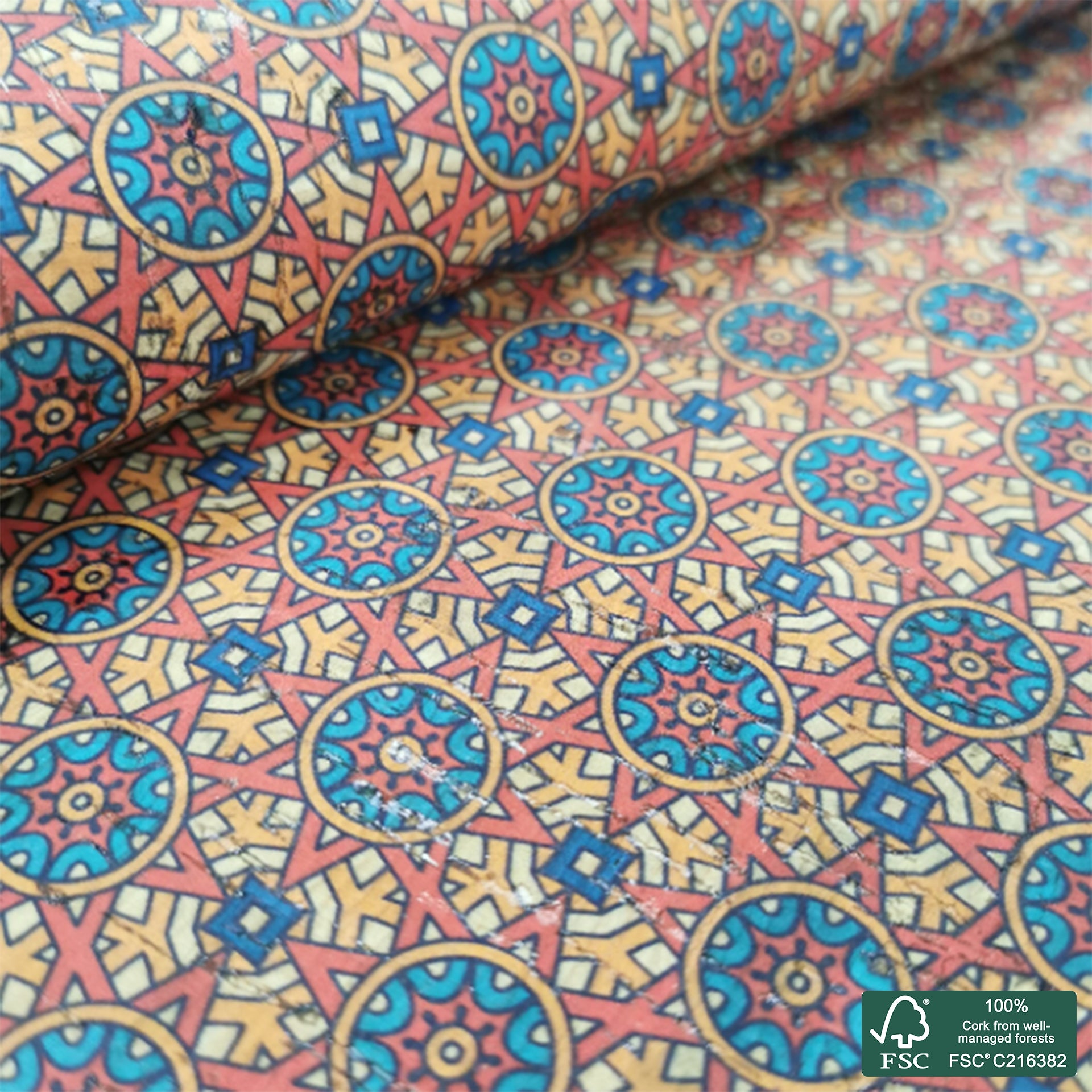 Tiles printed pattern on natural cork fabric (368)