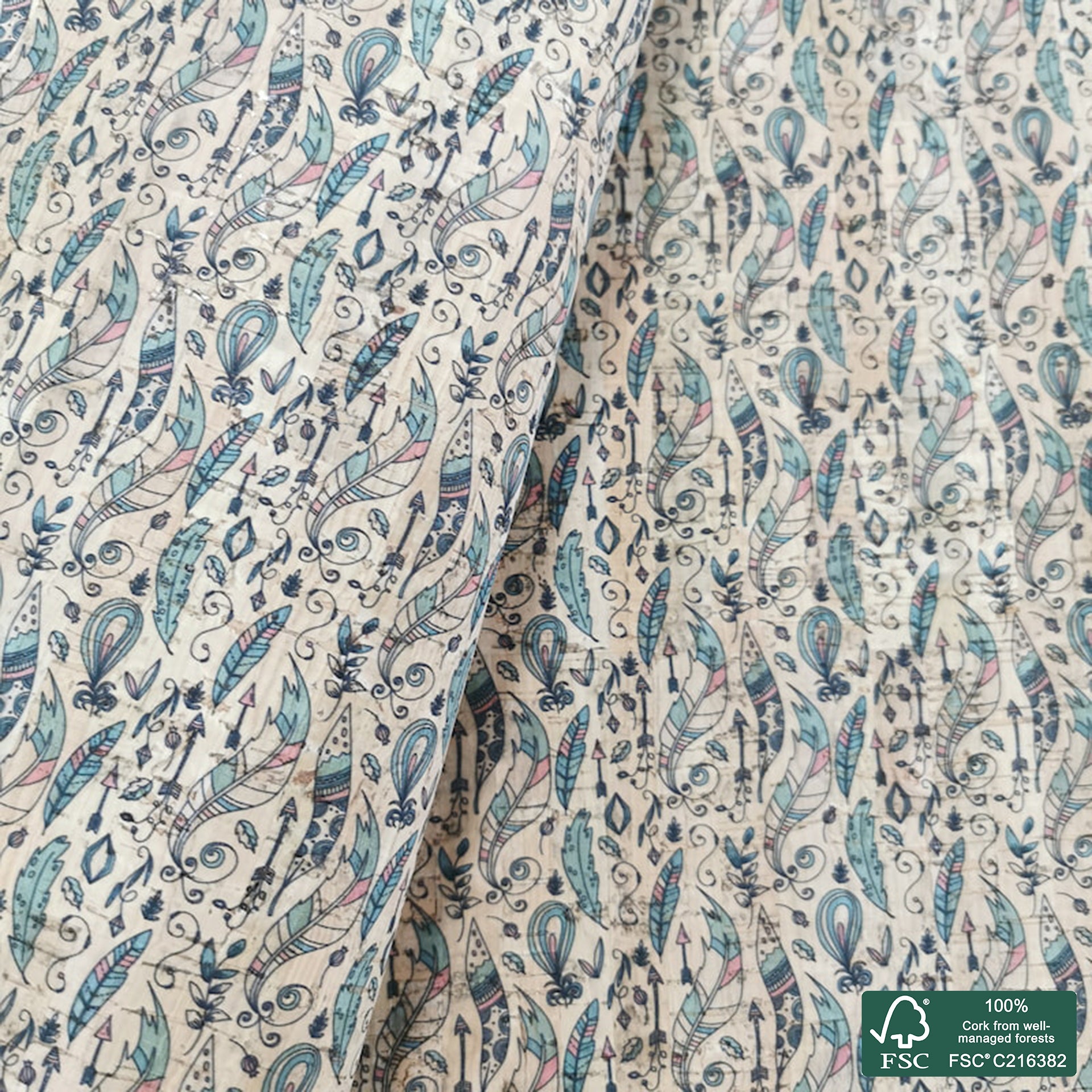 Tribal printed pattern on natural cork fabric (372)