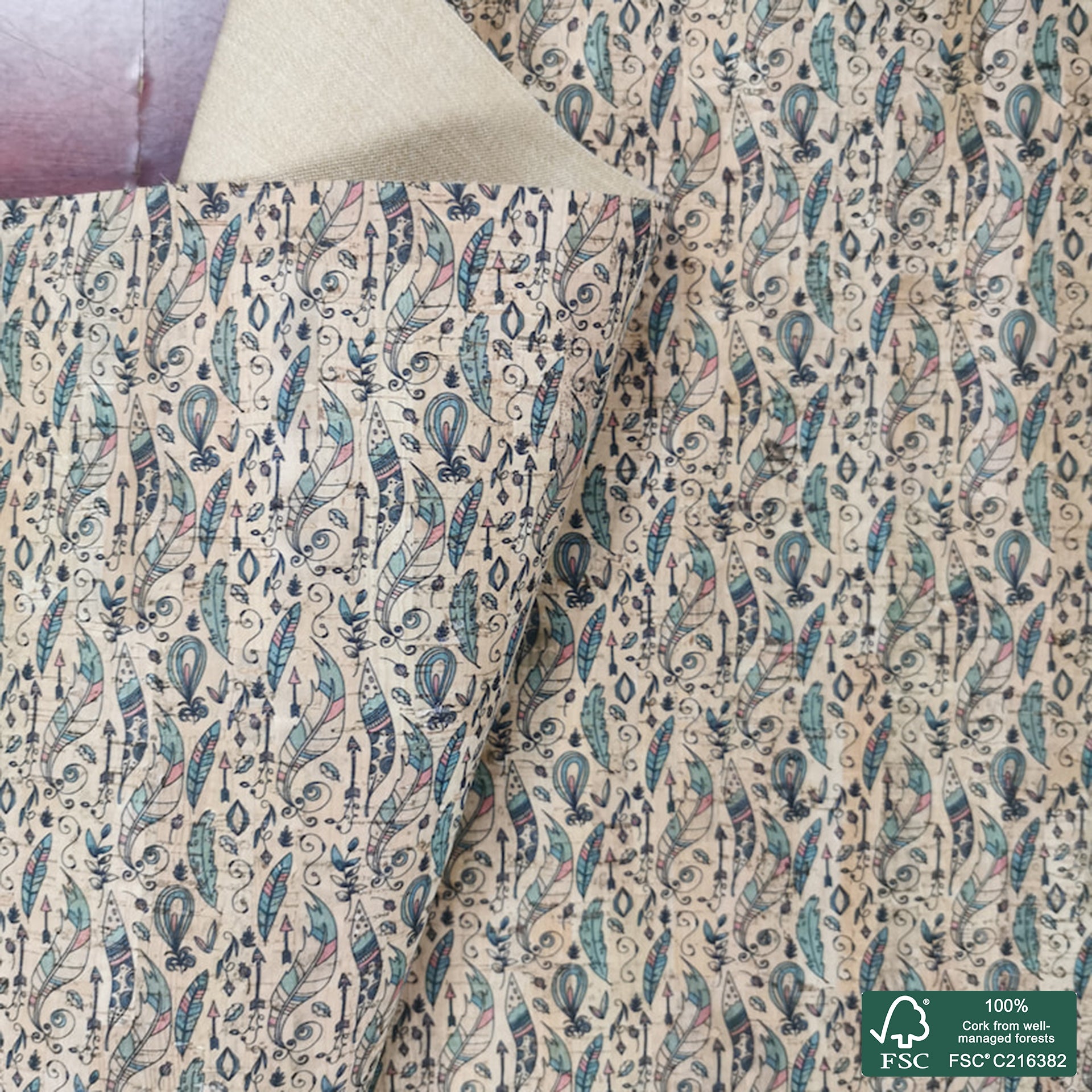 Tribal printed pattern on natural cork fabric (372)