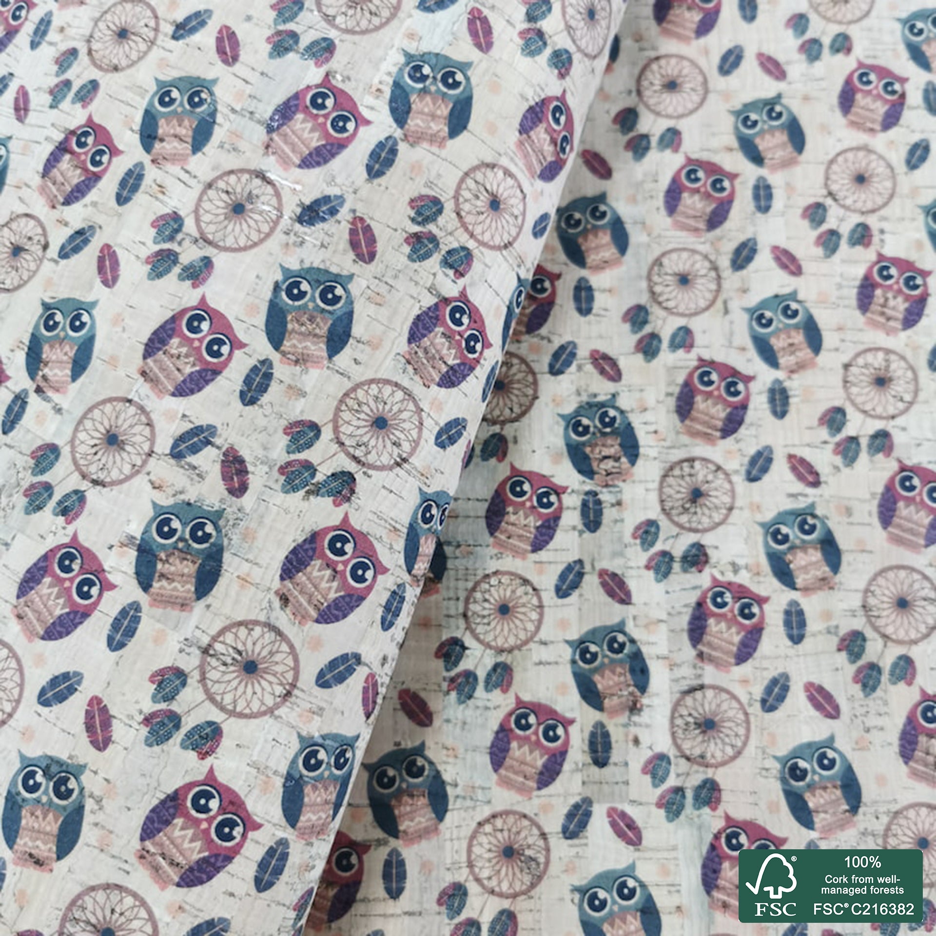 Owl printed pattern on natural cork fabric (369)