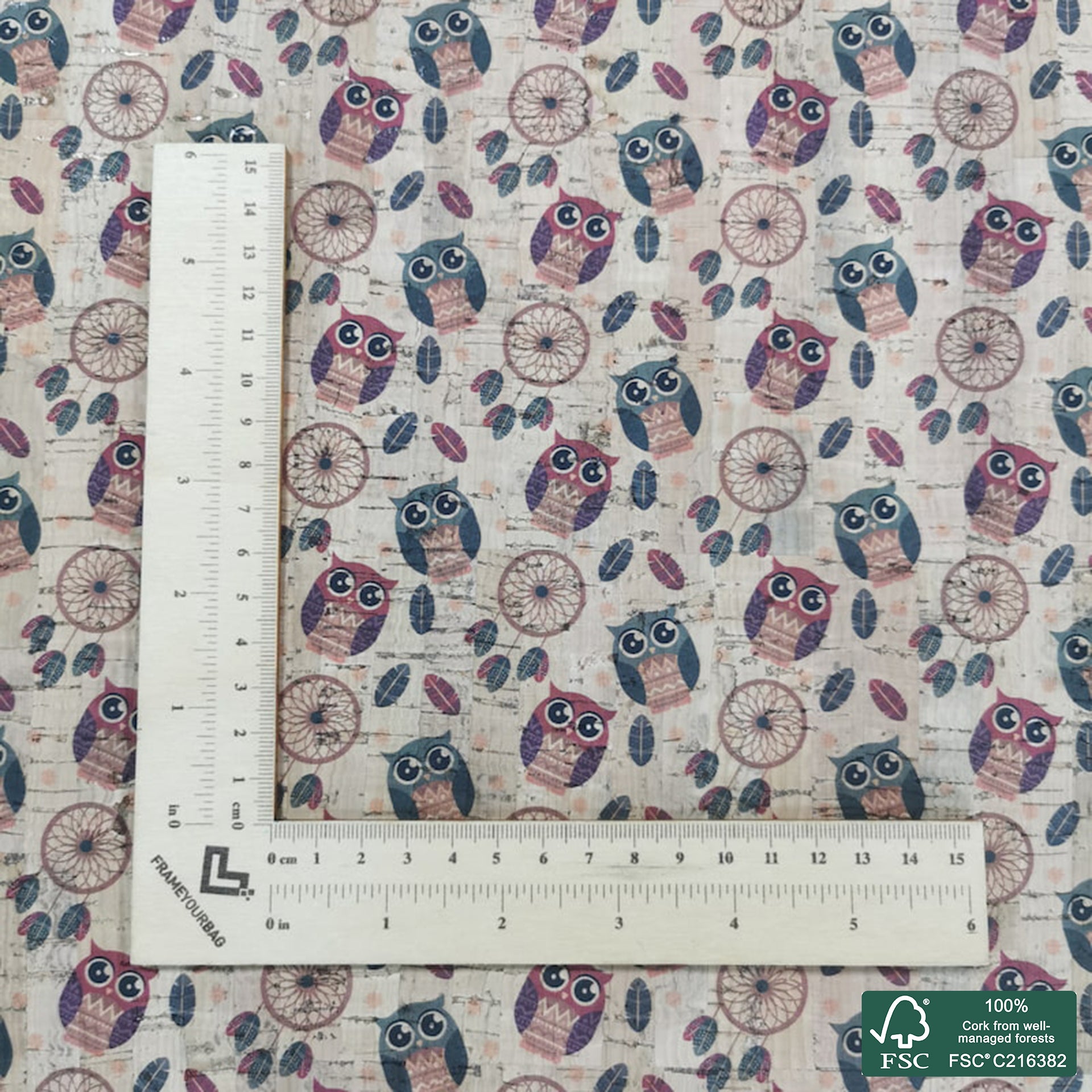 Owl printed pattern on natural cork fabric (369)