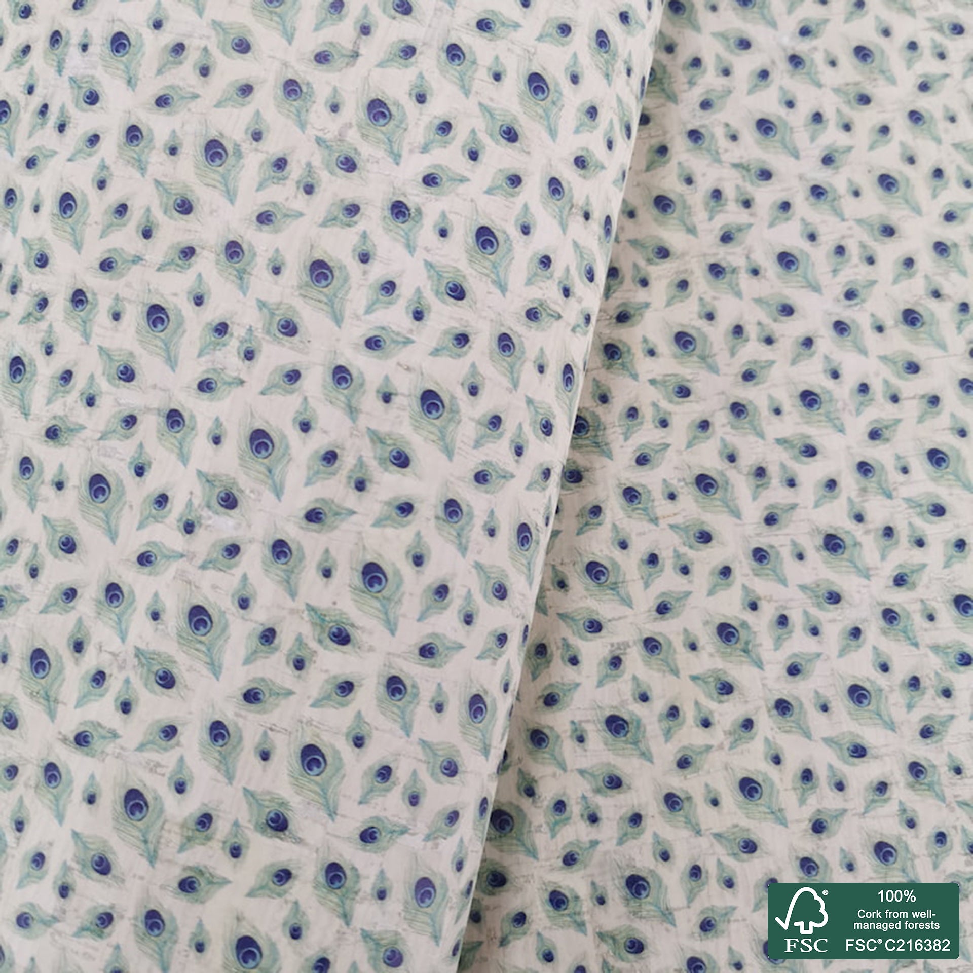 Feathers printed pattern on white cork fabric (370)