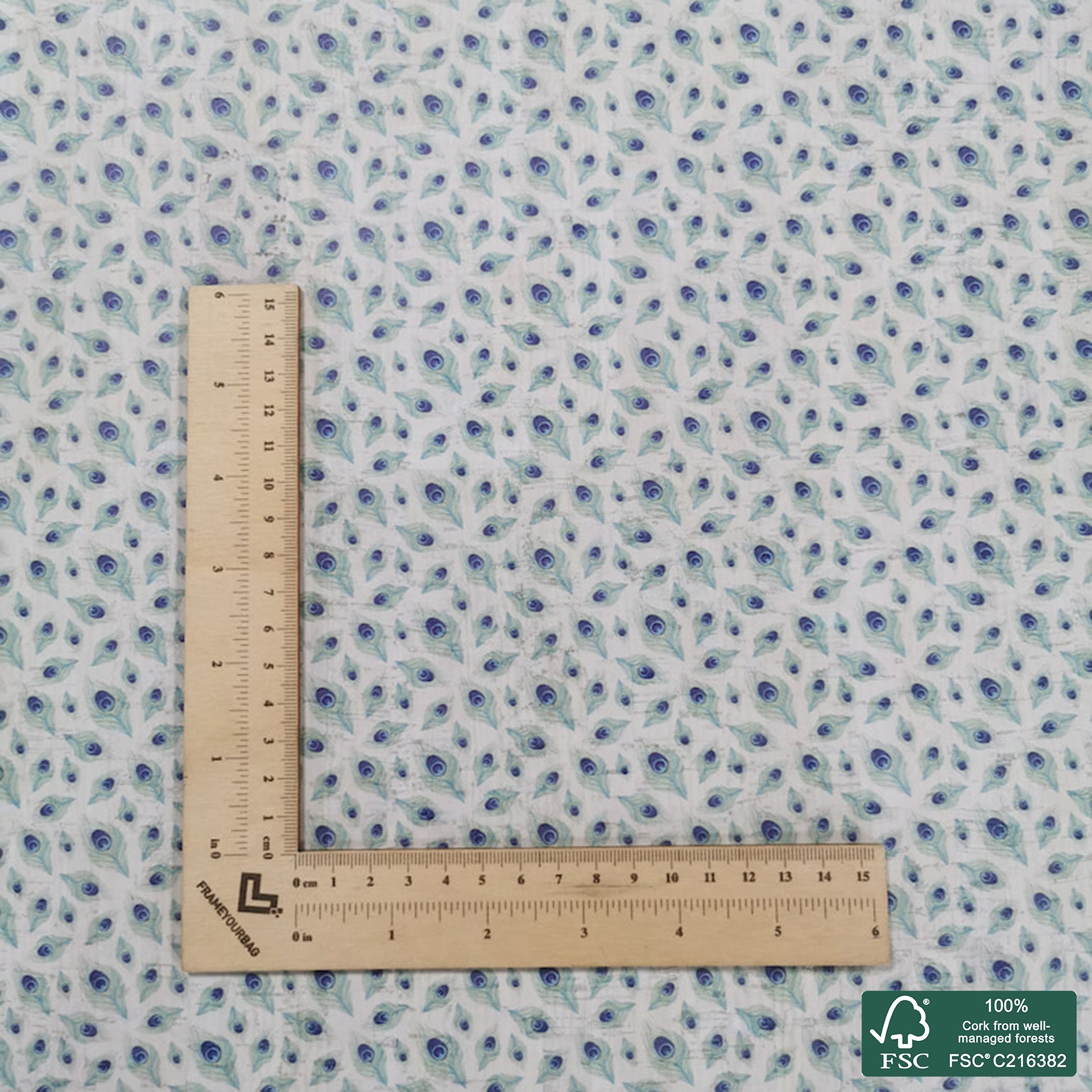 Feathers printed pattern on white cork fabric (370)