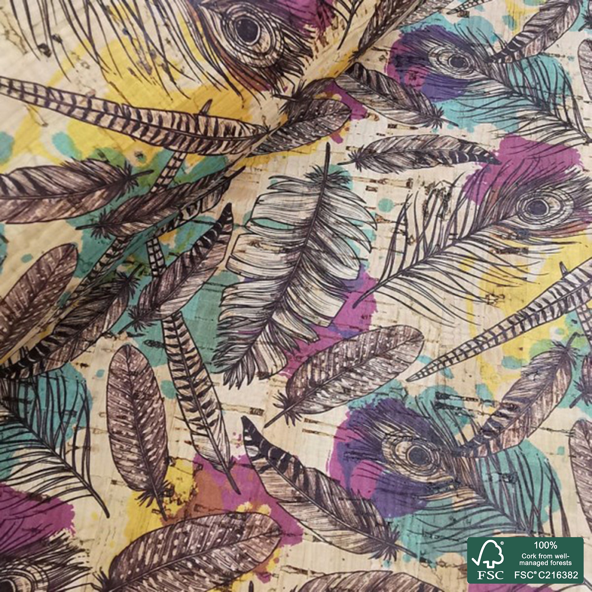 Feathers printed pattern on natural cork fabric (373)