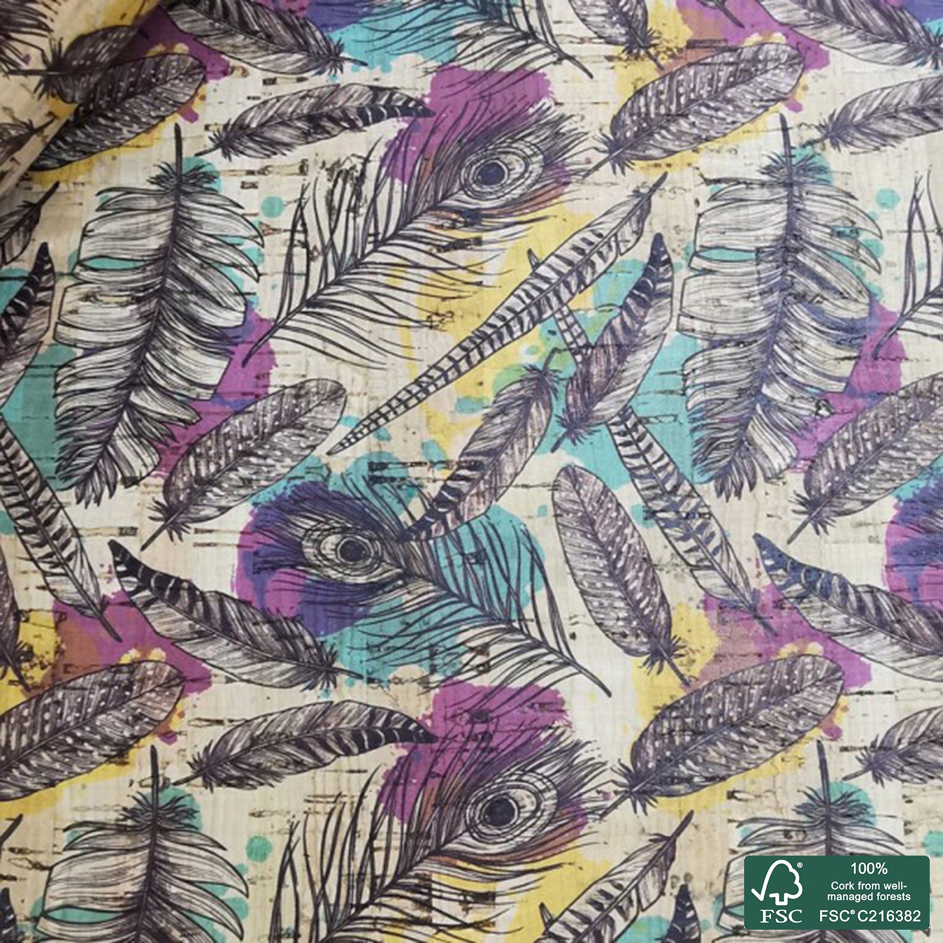 Feathers printed pattern on natural cork fabric (373)