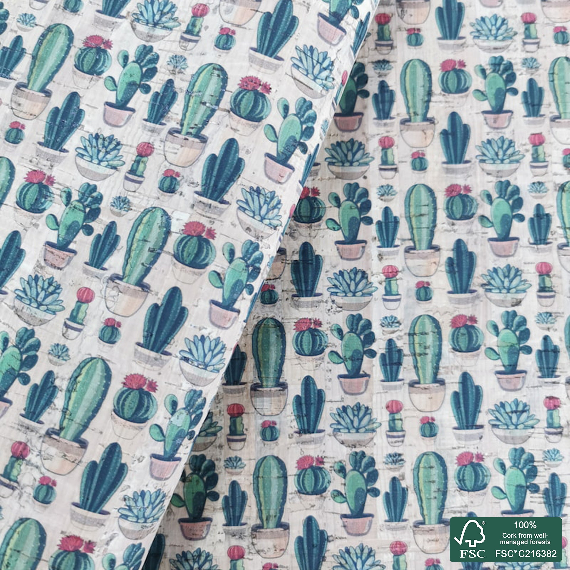 Cactus printed pattern on natural cork fabric (375)