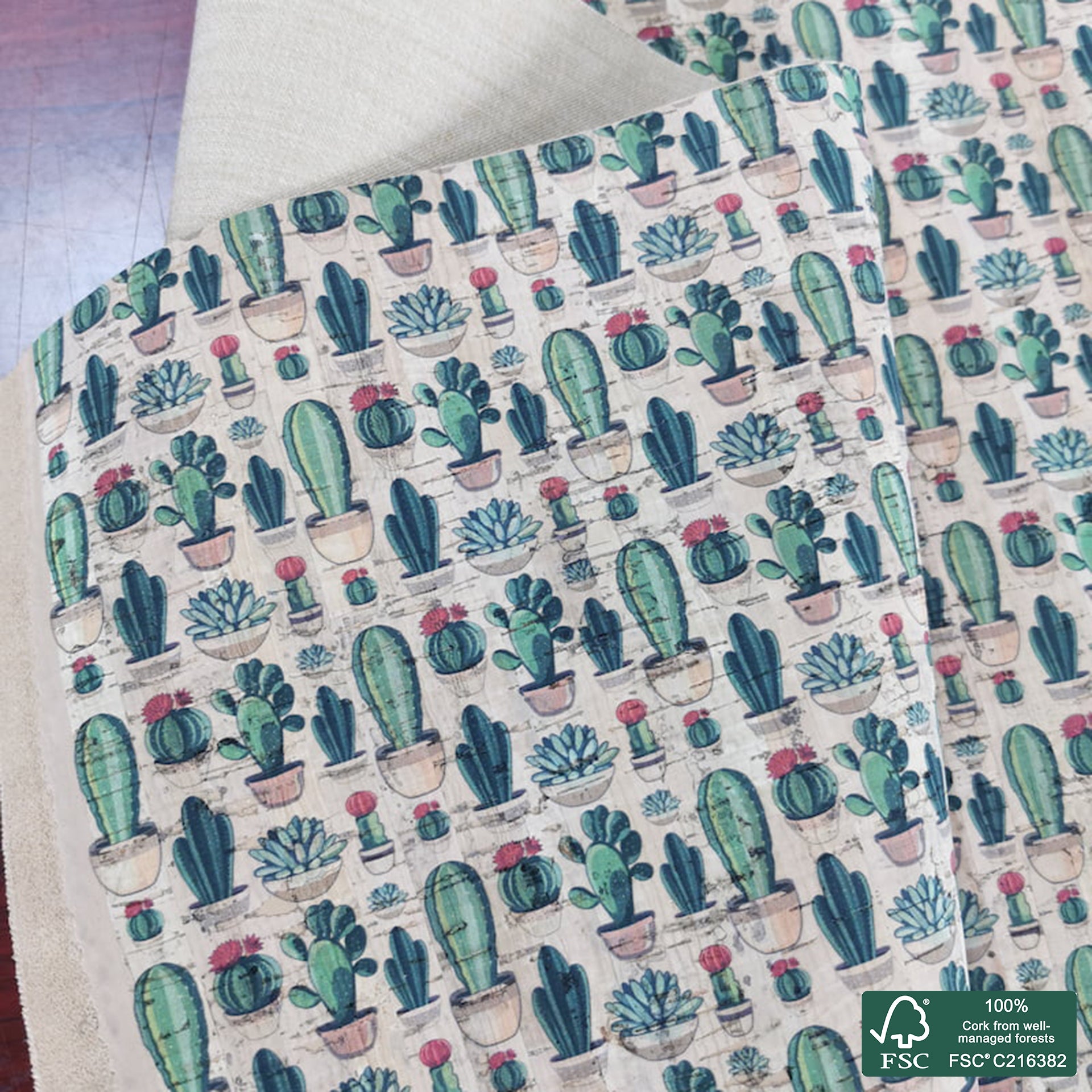 Cactus printed pattern on natural cork fabric (375)