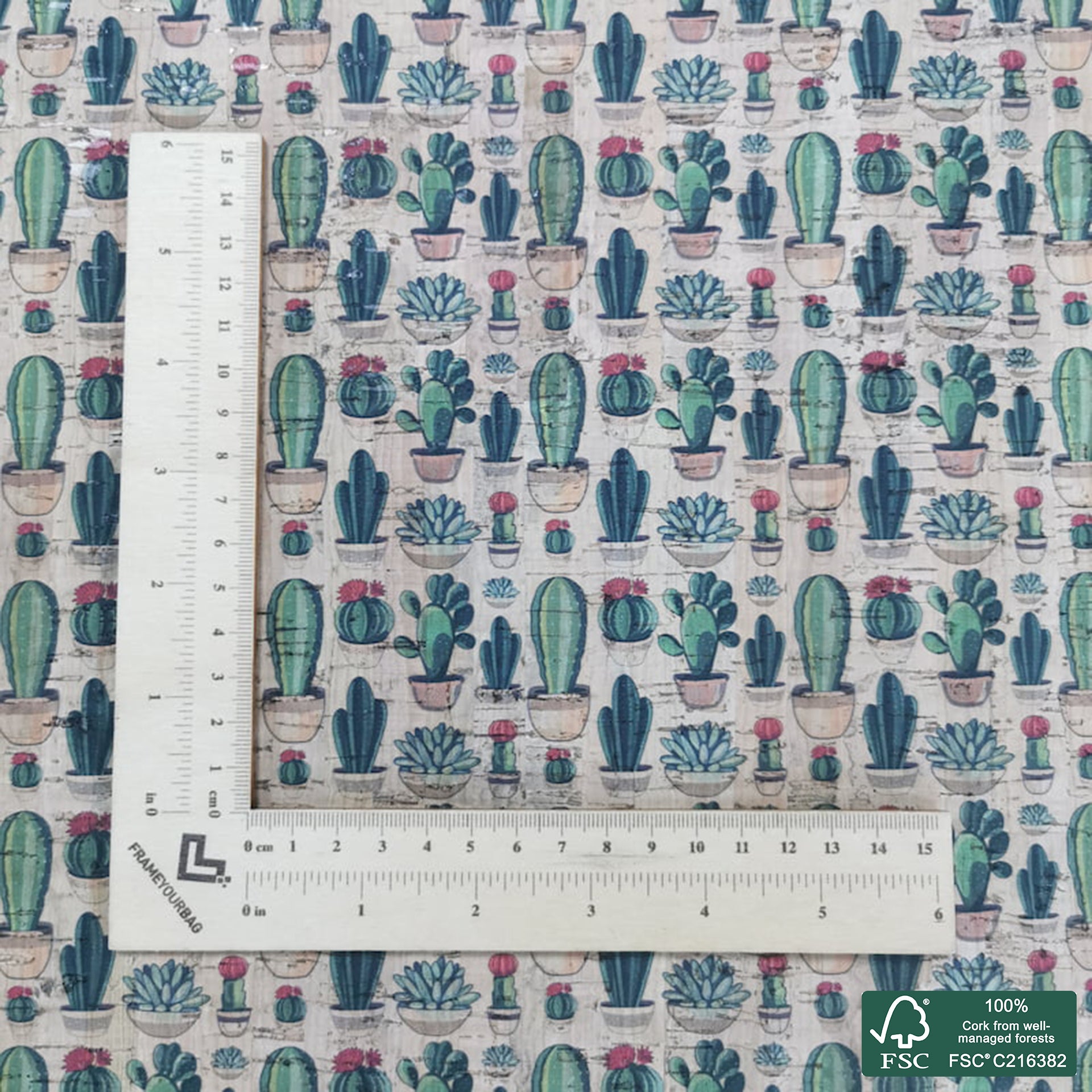 Cactus printed pattern on natural cork fabric (375)