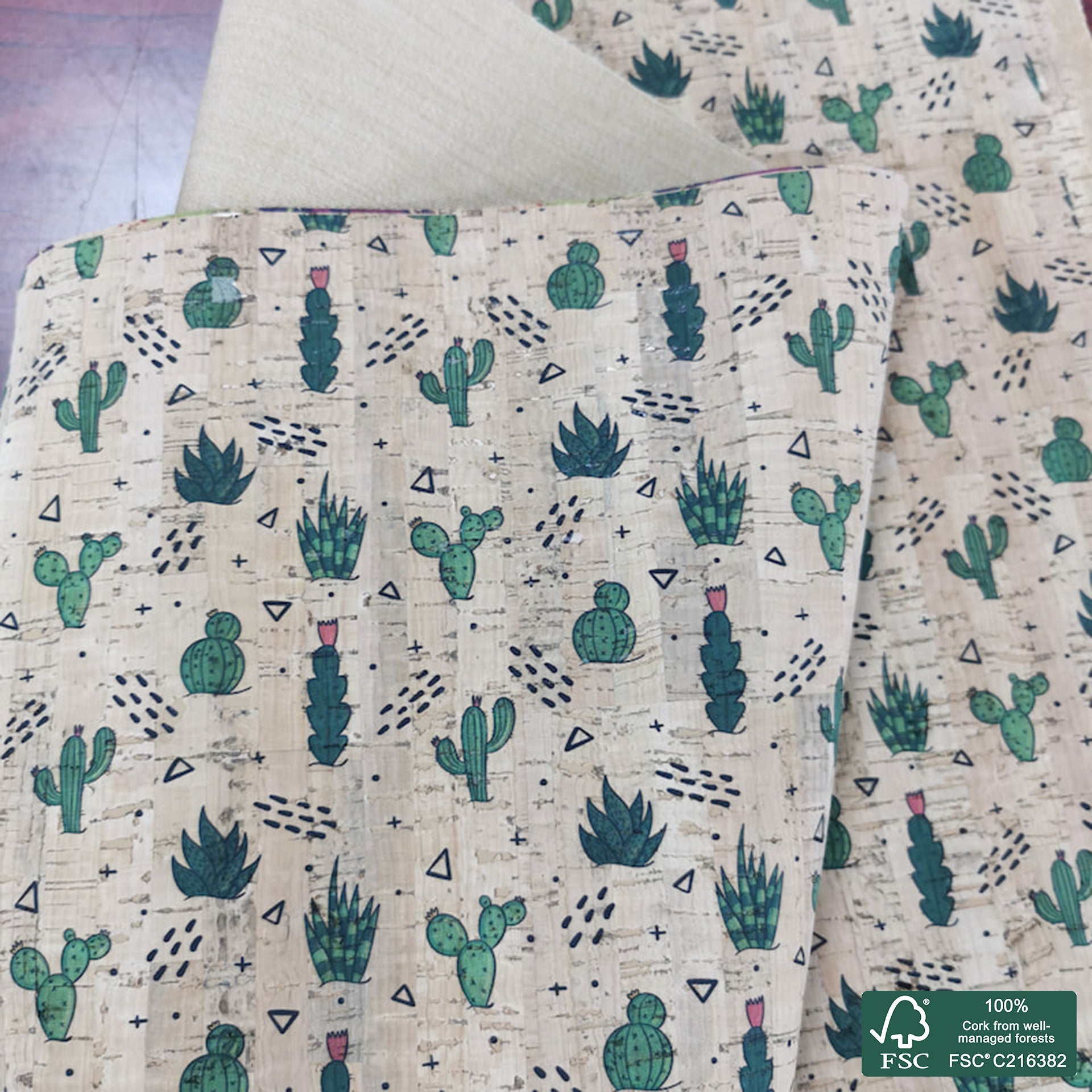 Cactus printed pattern on natural cork fabric (377)