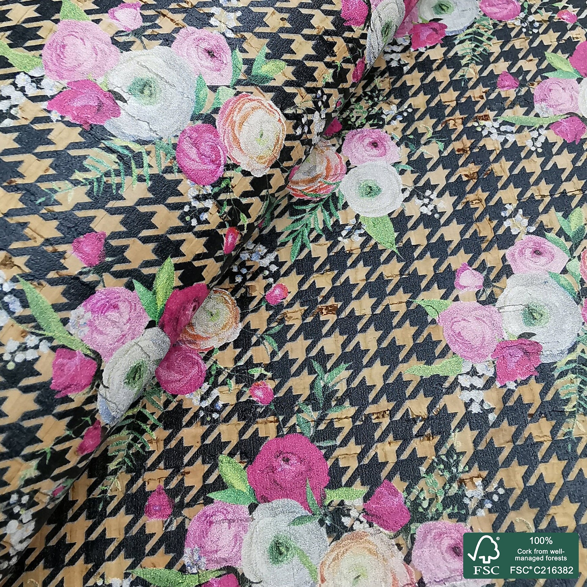 Flowers printed pattern on natural cork fabric (380)