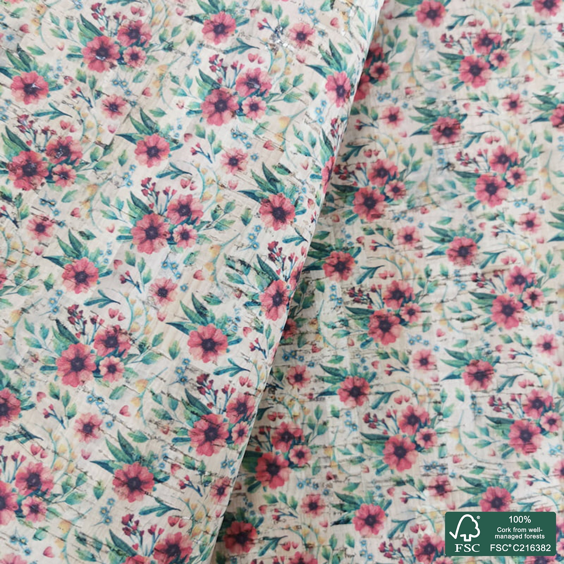 Flowers printed pattern on natural cork fabric (381)