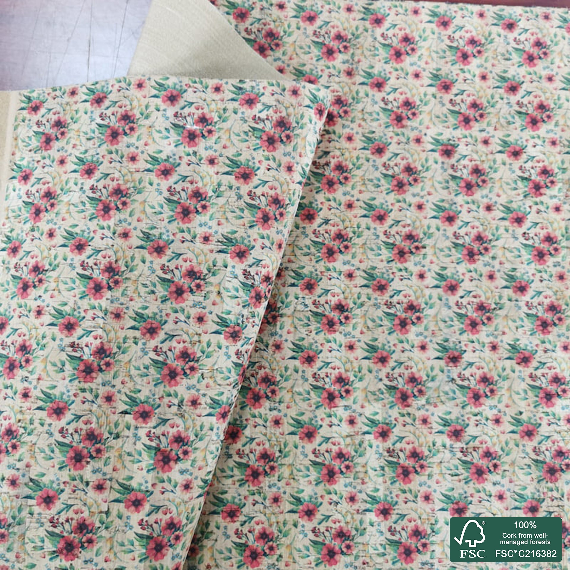 Flowers printed pattern on natural cork fabric (381)