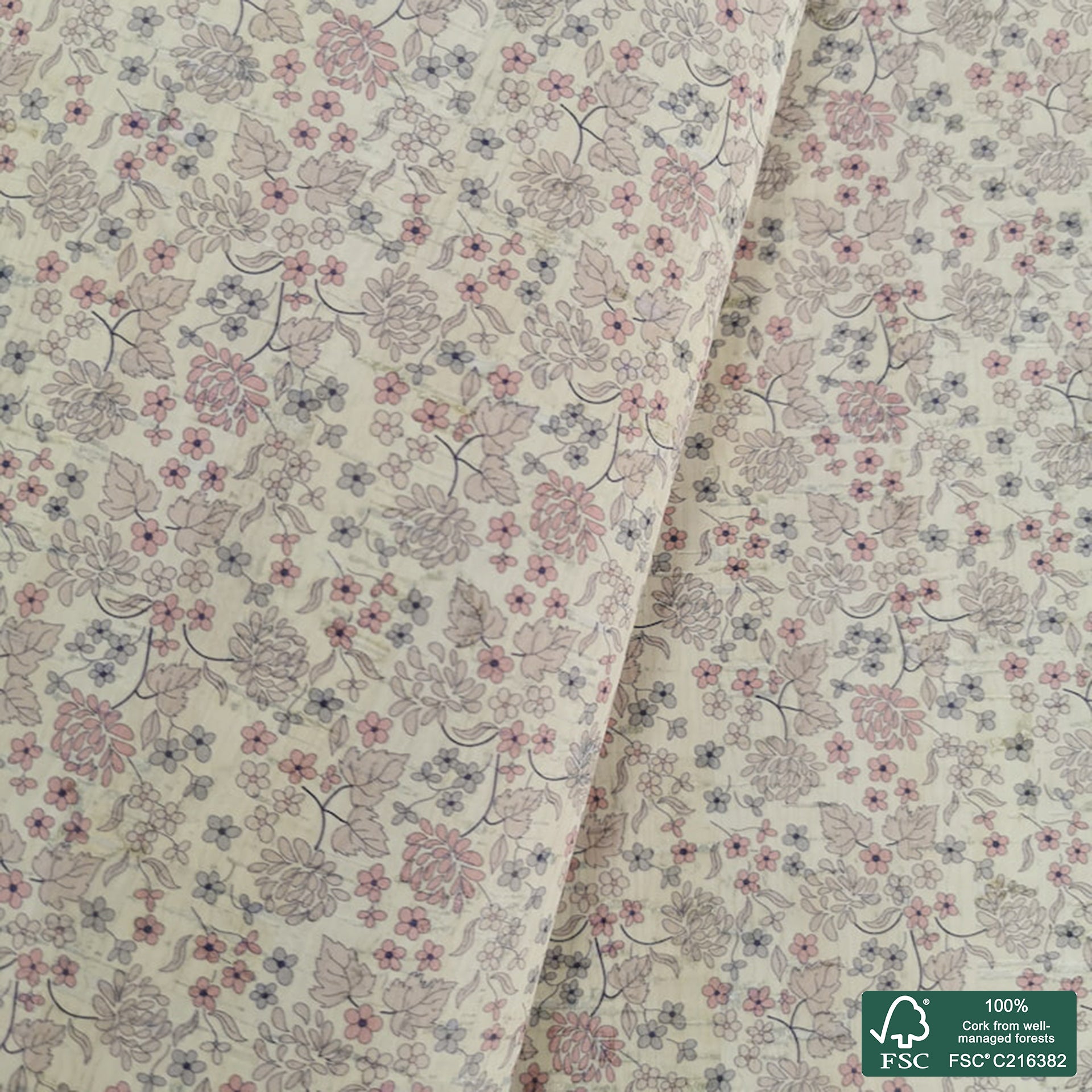 Flowers printed pattern on white cork fabric (384)