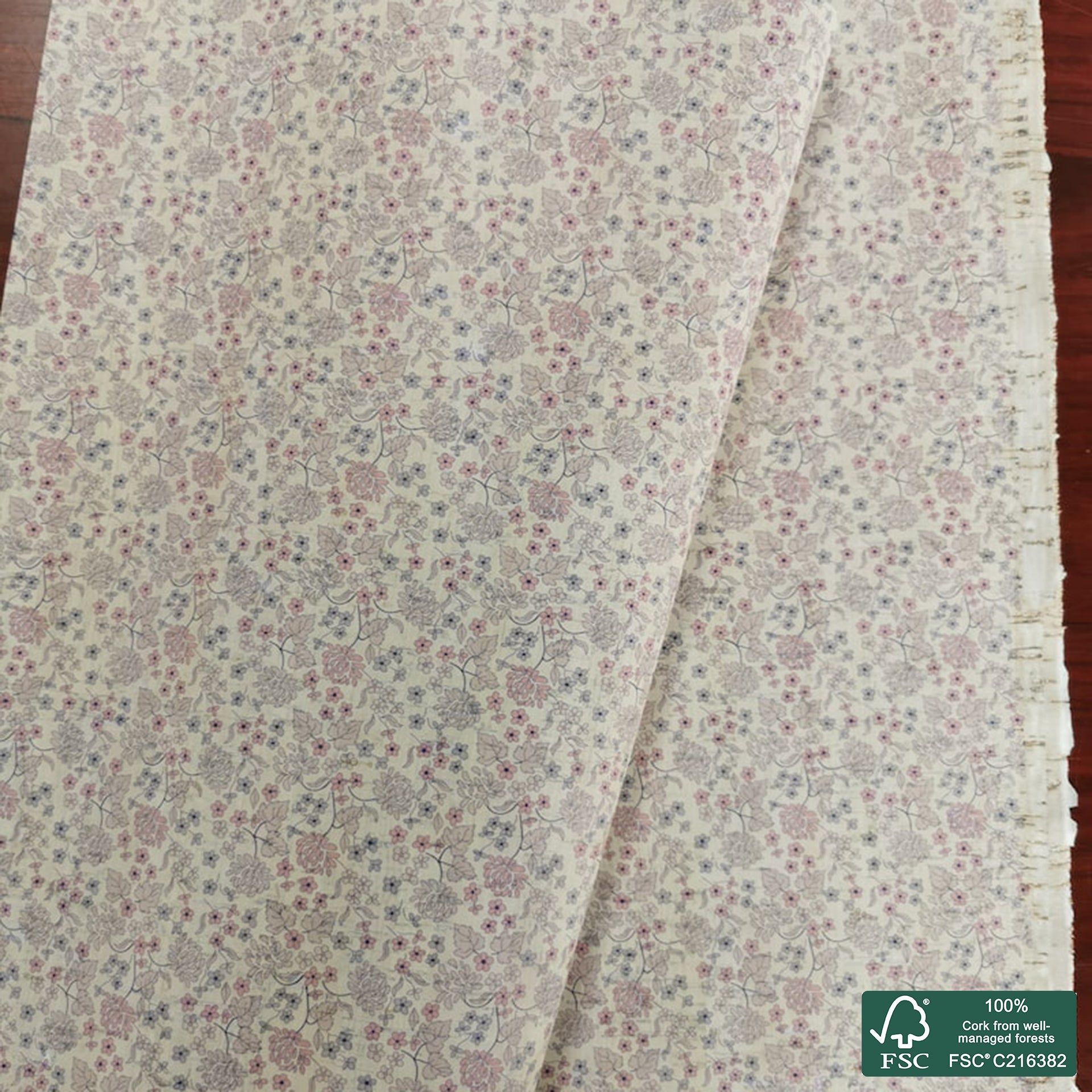Flowers printed pattern on white cork fabric (384)