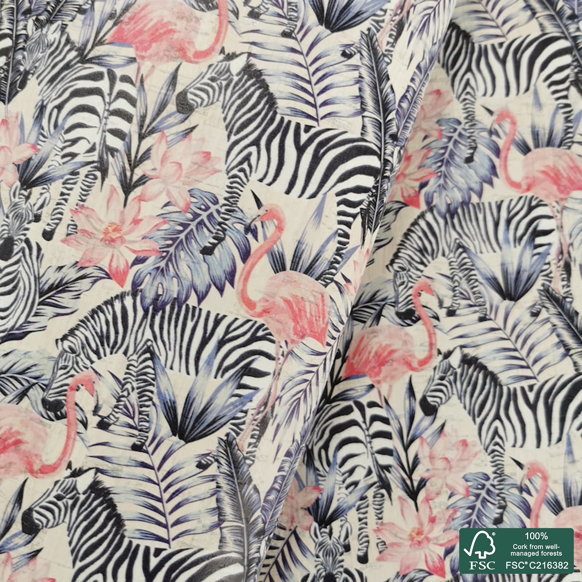 Exotic printed pattern on white cork fabric (385)