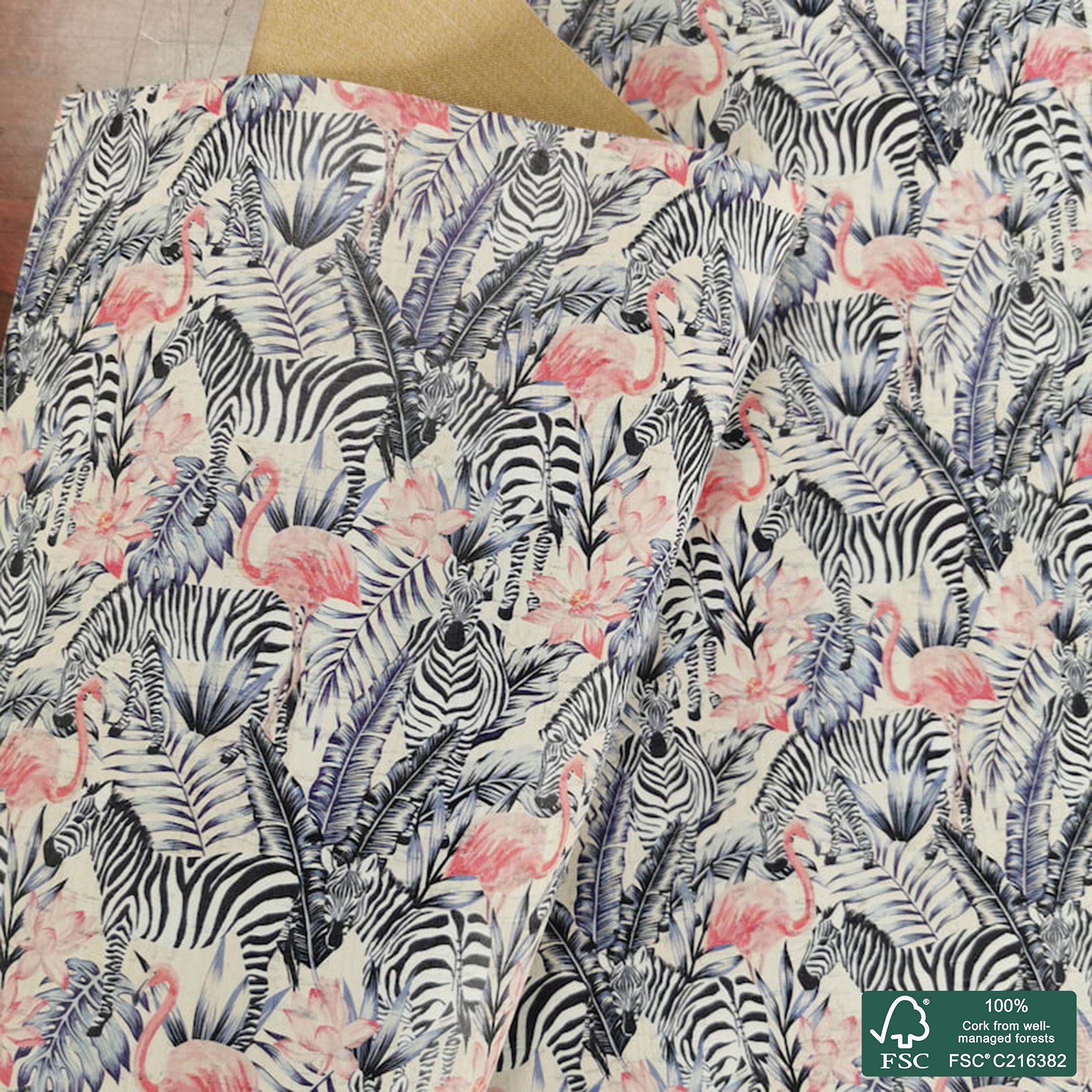 Exotic printed pattern on white cork fabric (385)