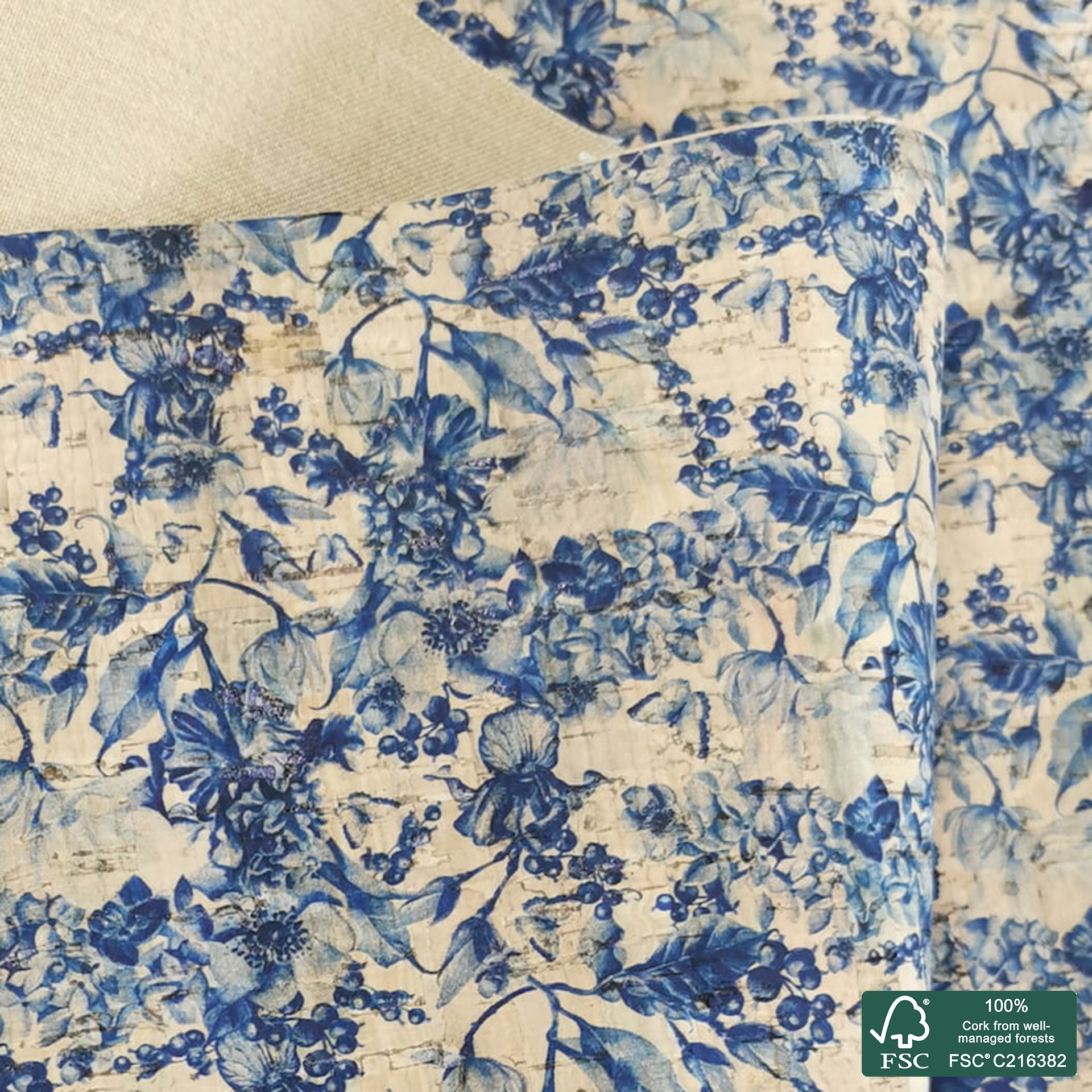 Flowers printed pattern on natural cork fabric (386)