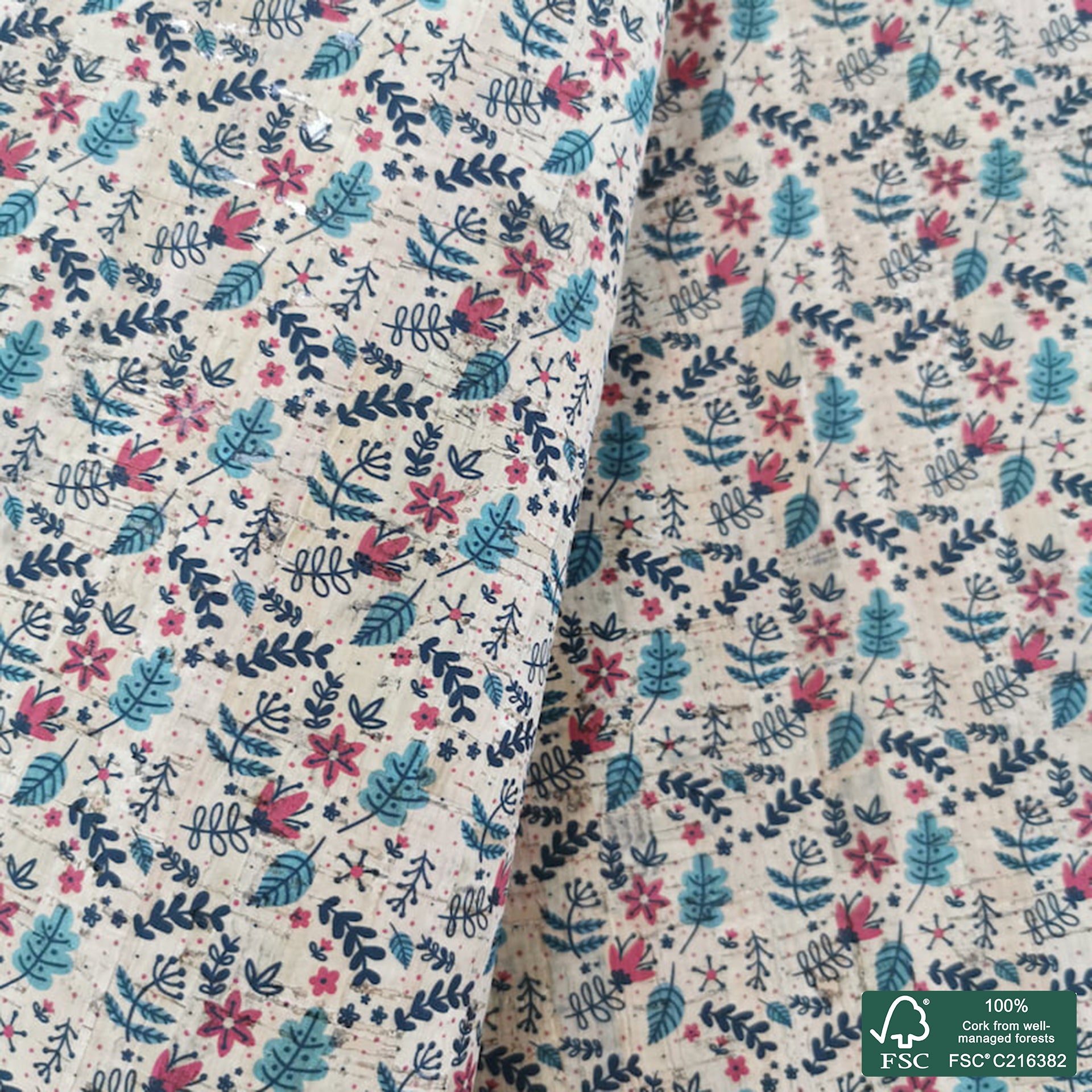 Leaves printed pattern on natural cork fabric (392)