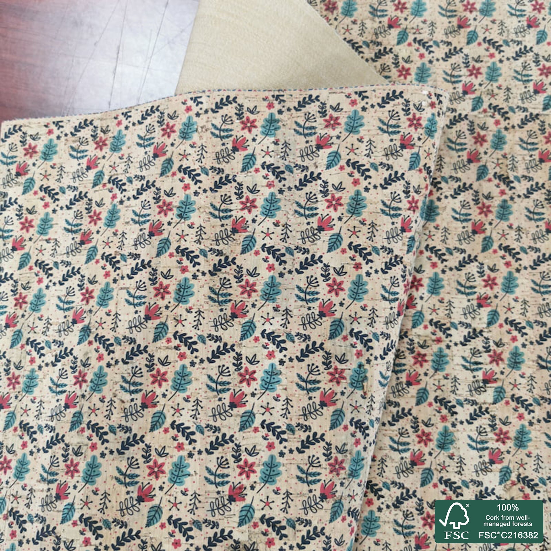 Leaves printed pattern on natural cork fabric (392)