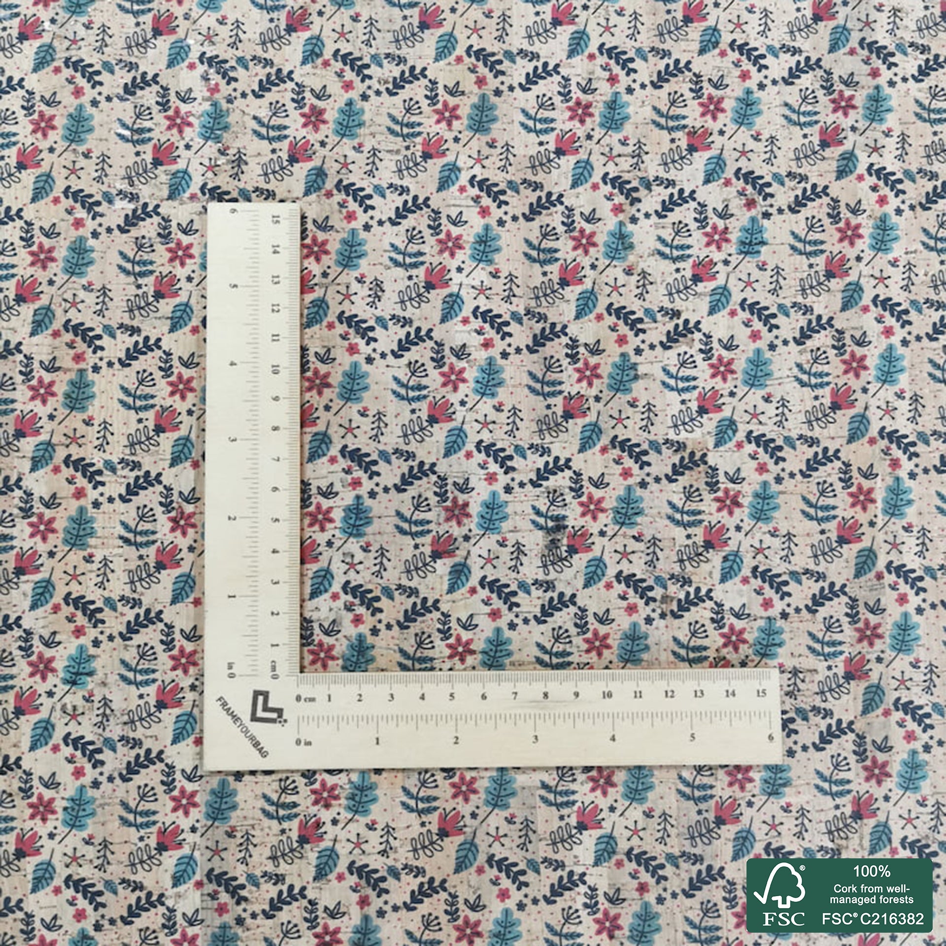 Leaves printed pattern on natural cork fabric (392)