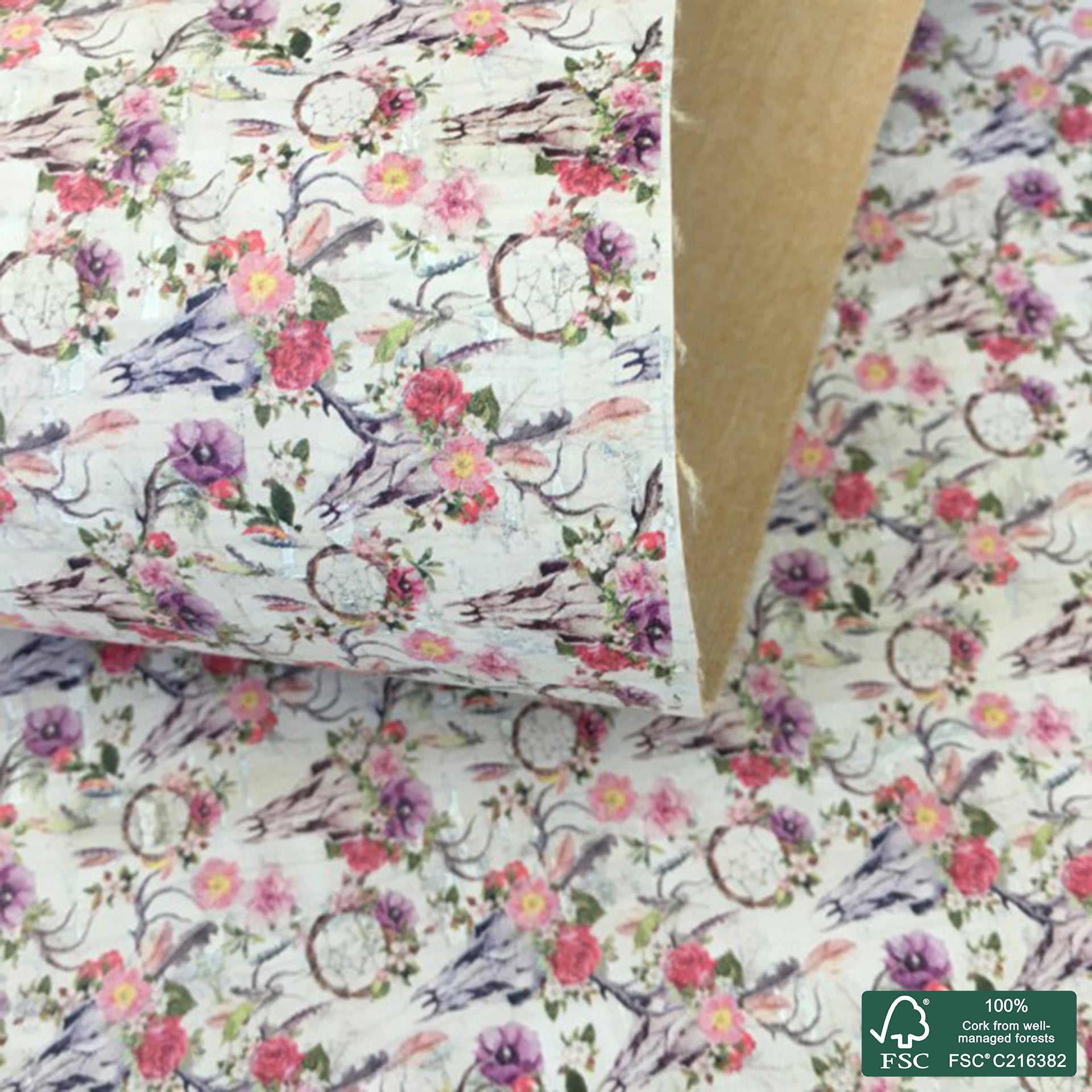 Dream catcher printed pattern on white cork fabric (401)