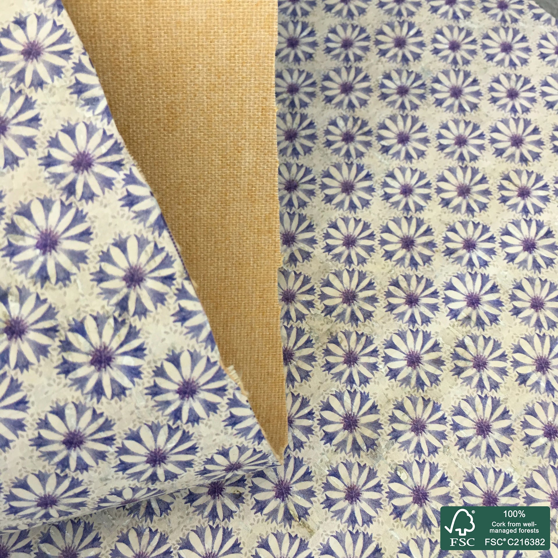 Flowers printed pattern on white cork fabric (403)