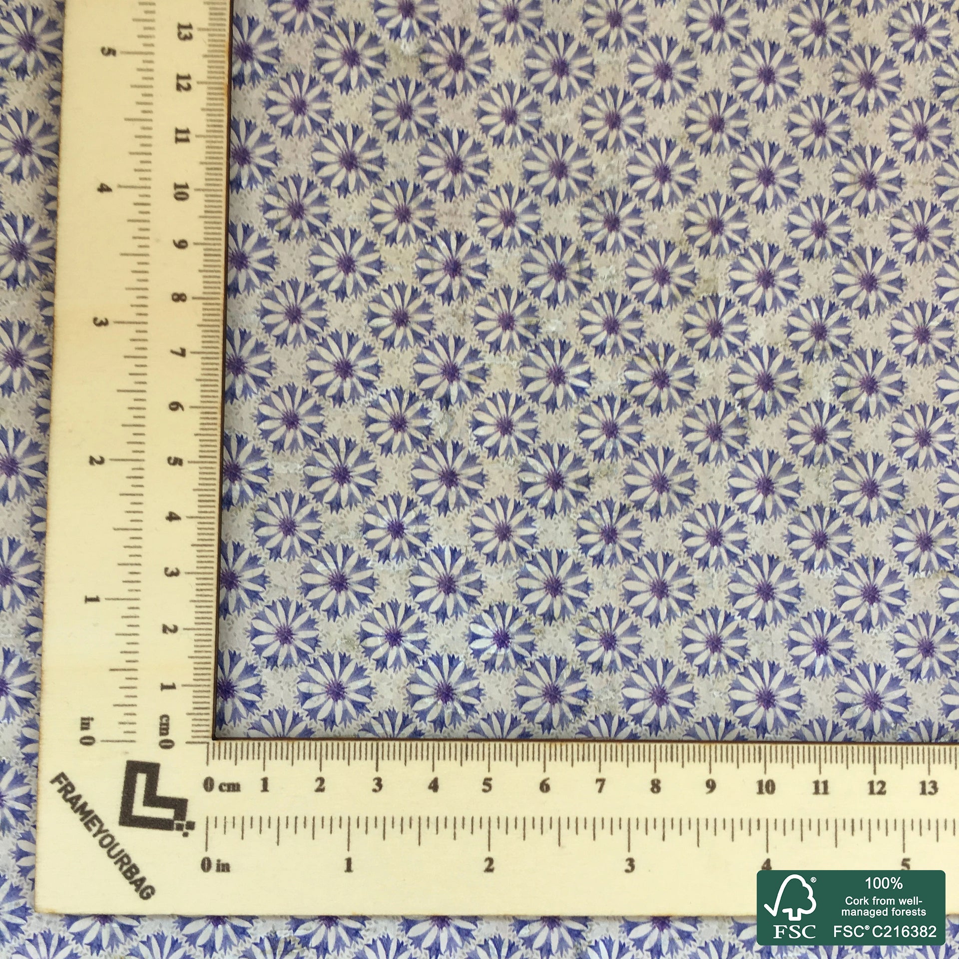 Flowers printed pattern on white cork fabric (403)
