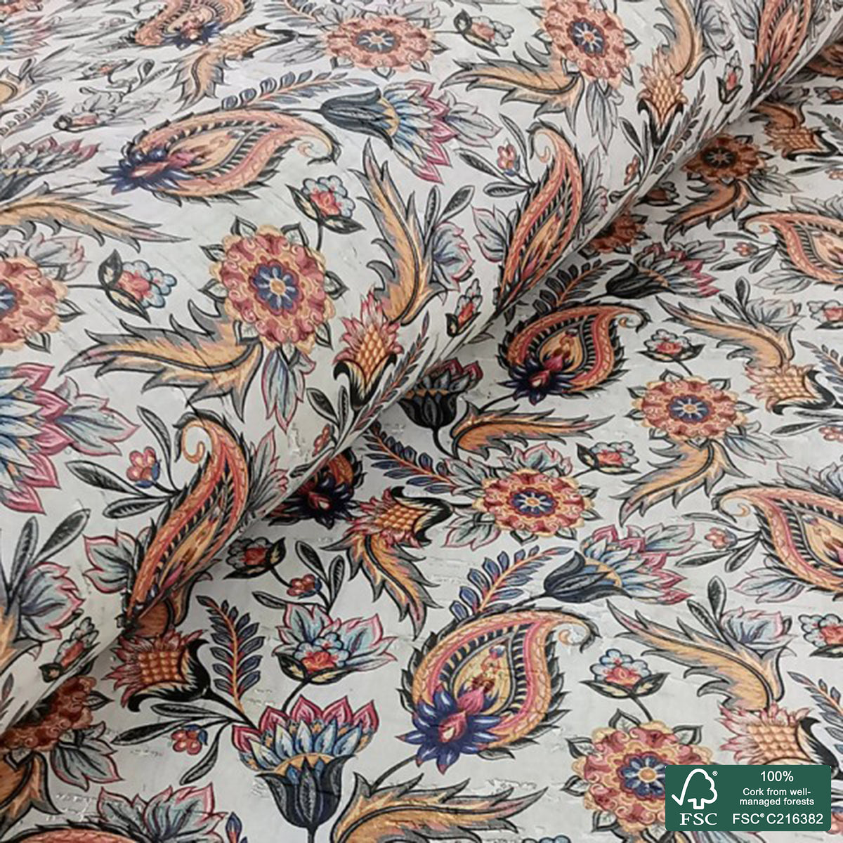 Paisley printed pattern on white cork fabric (409)