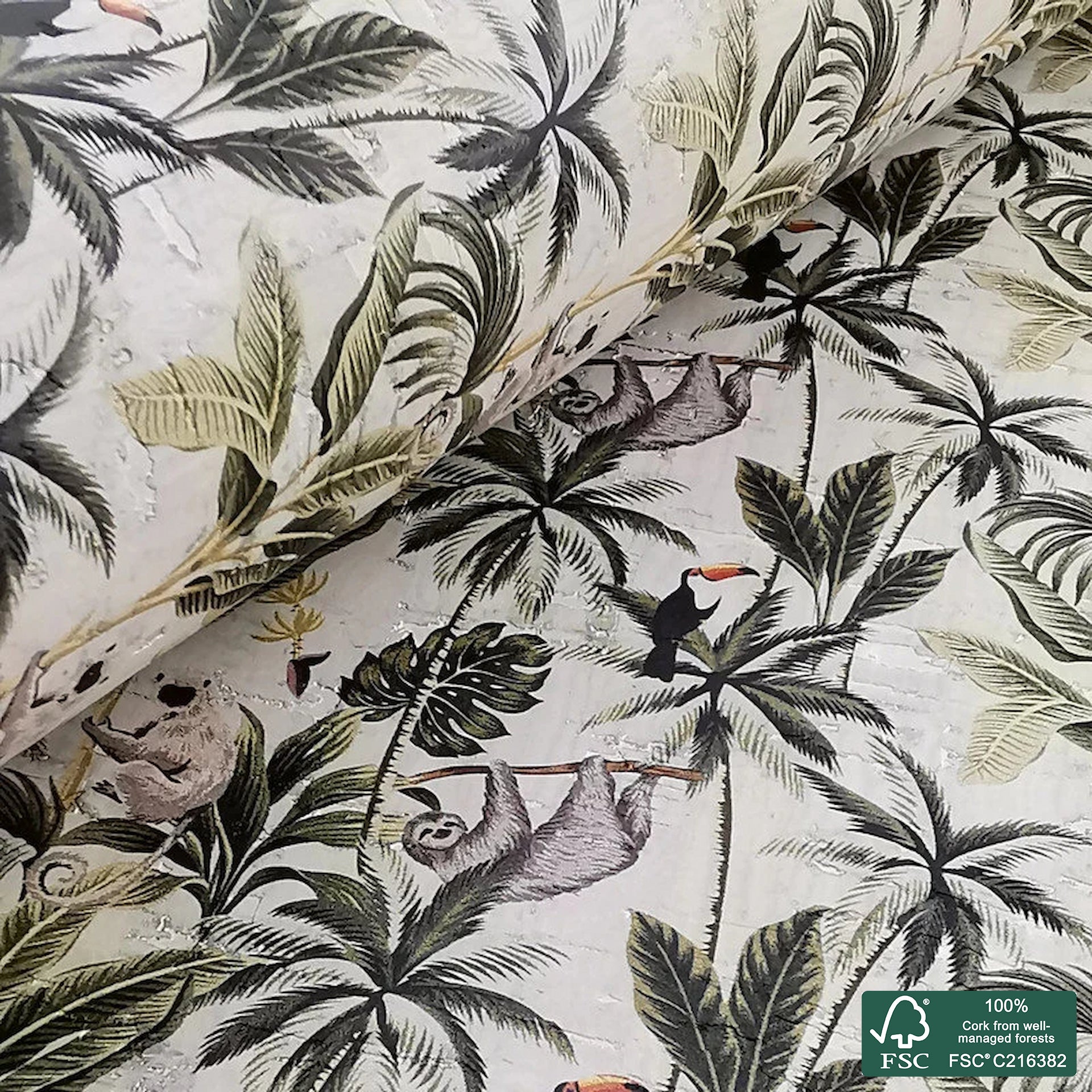 Sloth printed pattern on white cork fabric (410)