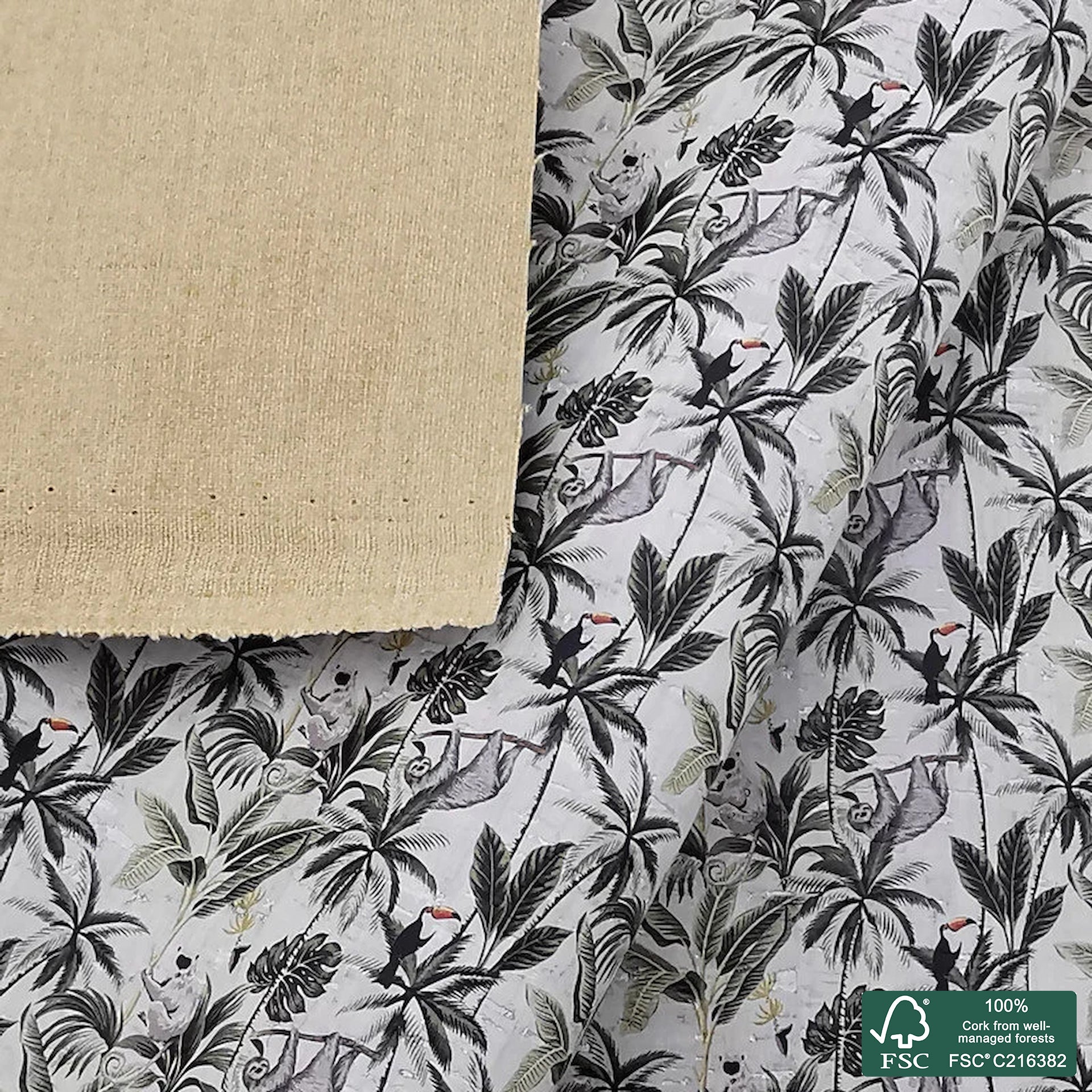 Sloth printed pattern on white cork fabric (410)