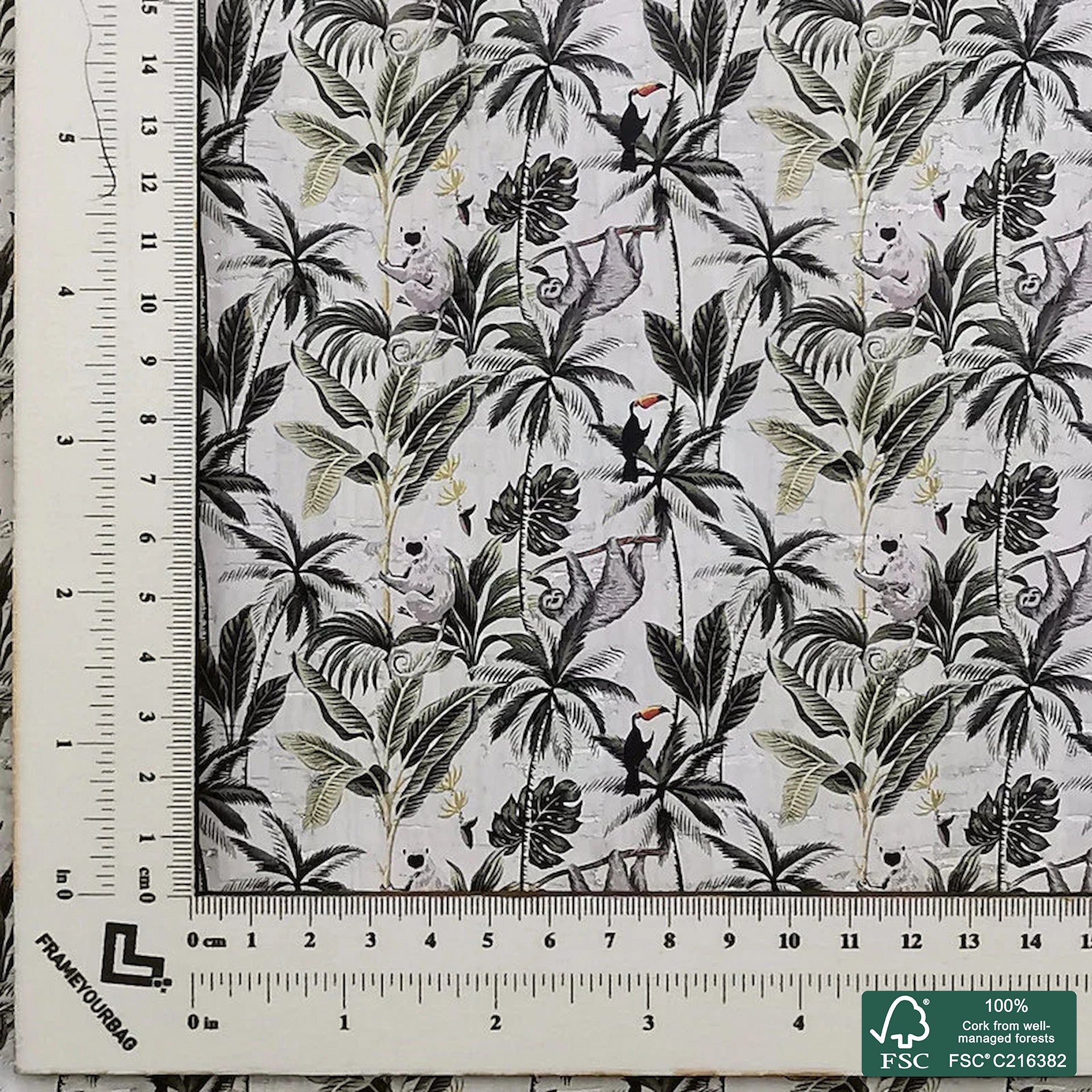 Sloth printed pattern on white cork fabric (410)