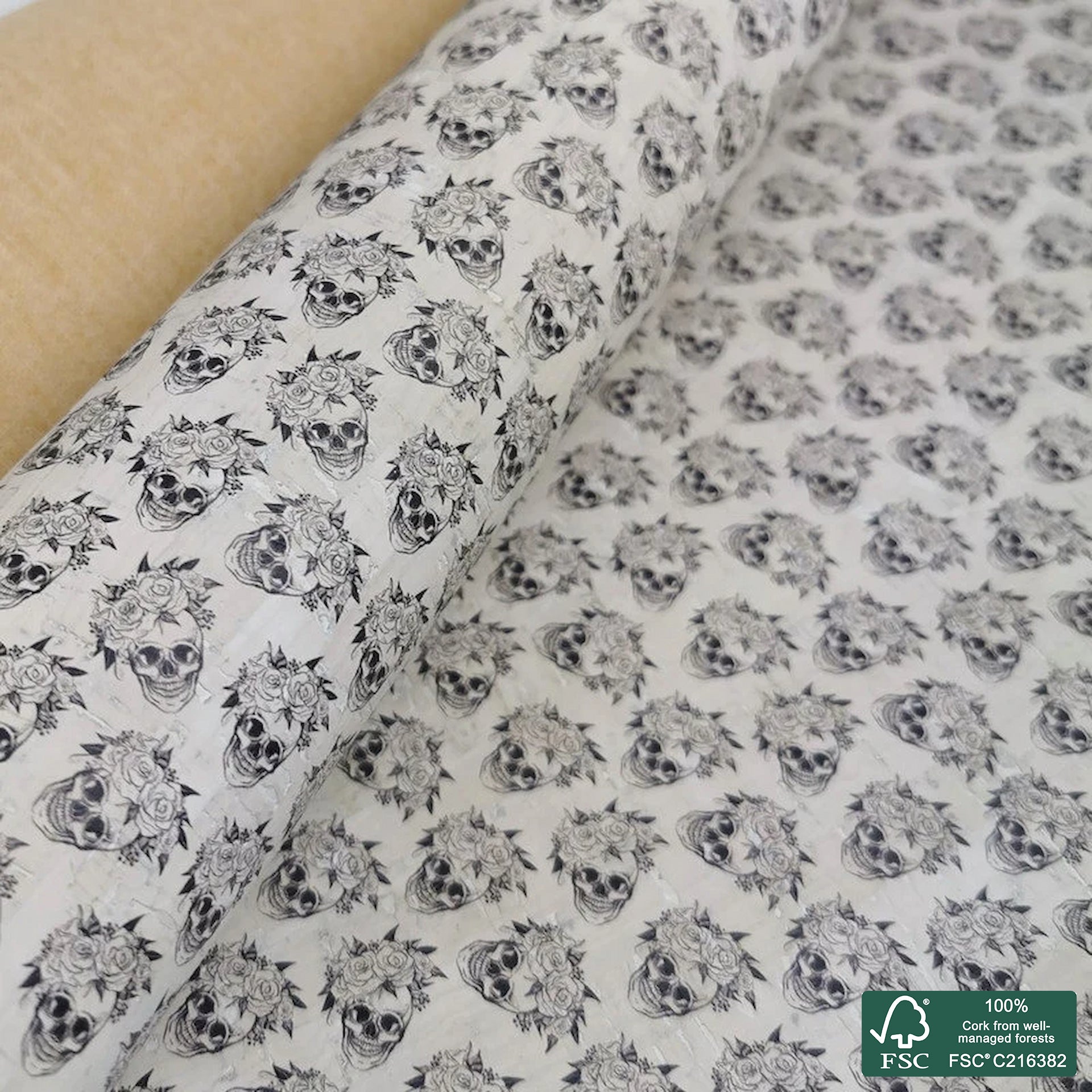 Skulls printed pattern on white cork fabric (411)