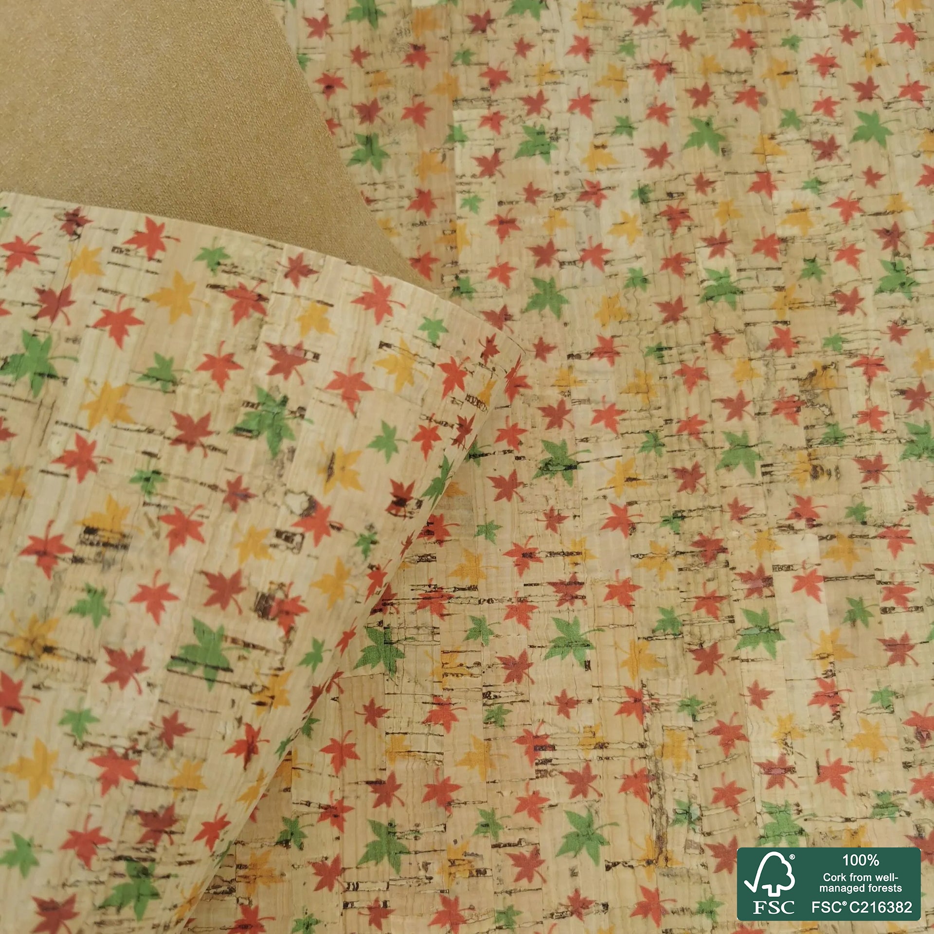 Leaves printed pattern on natural cork fabric (428)