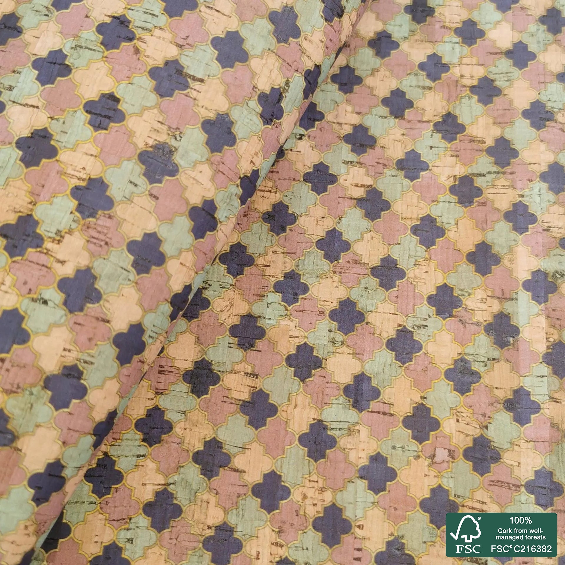 Tiles printed pattern on natural cork fabric (432)