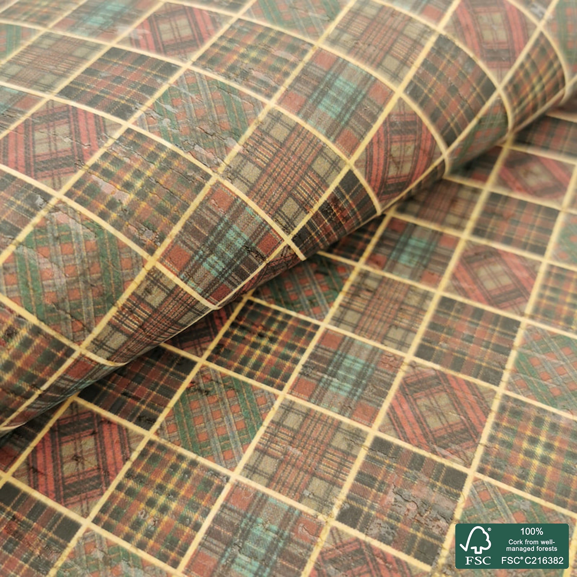 Tiles printed pattern on natural cork fabric (436)