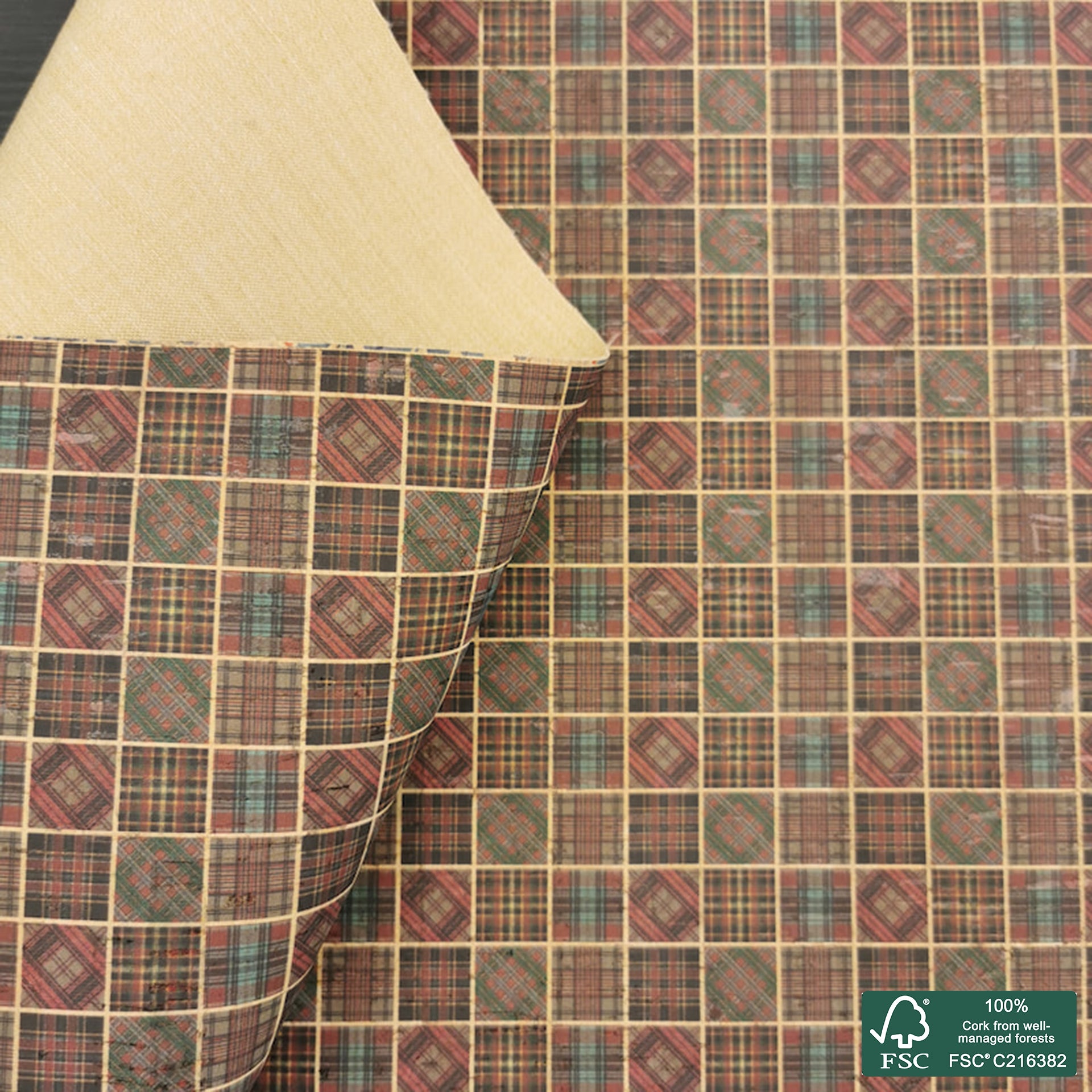 Tiles printed pattern on natural cork fabric (436)