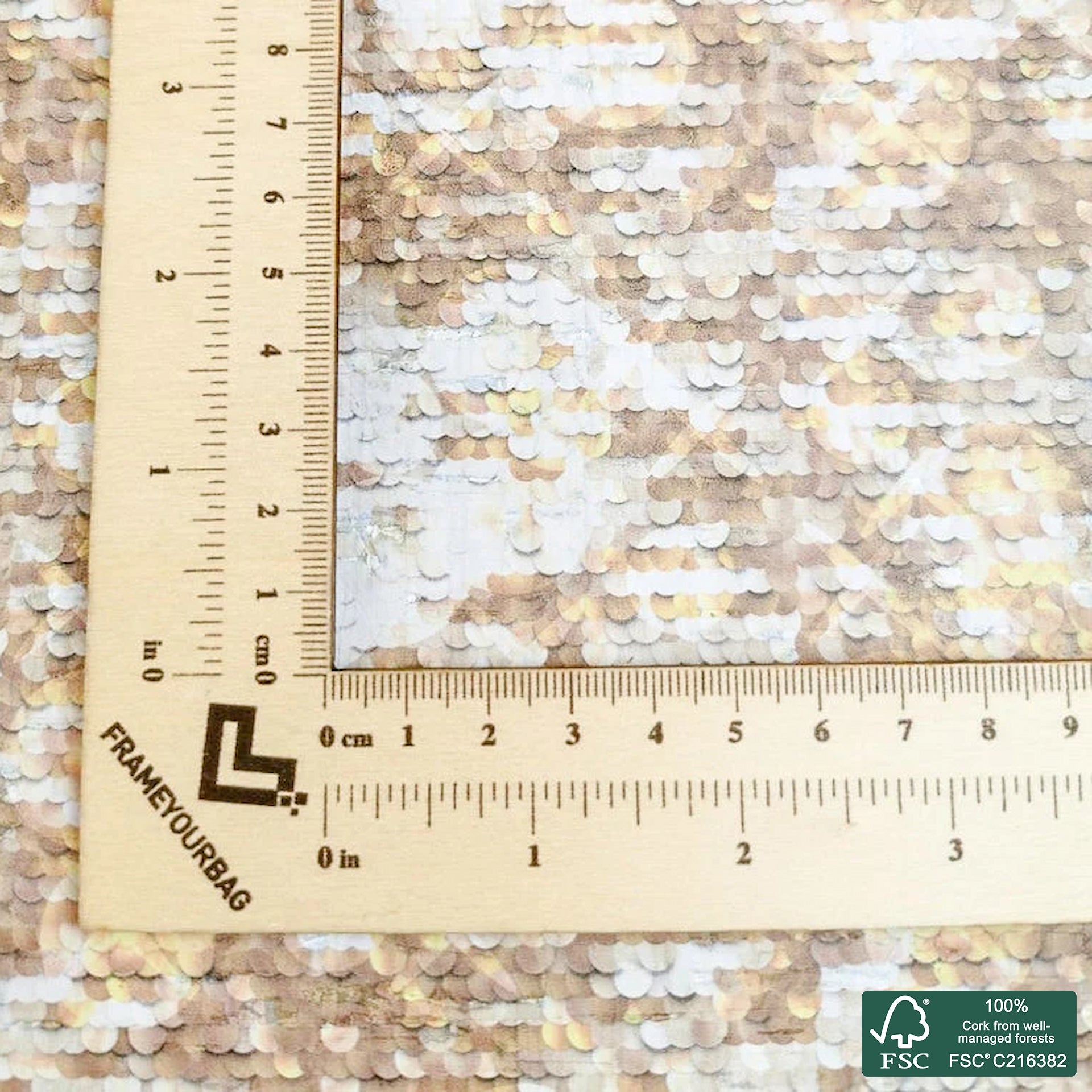 Shiny sequins printed pattern on white cork fabric (440)