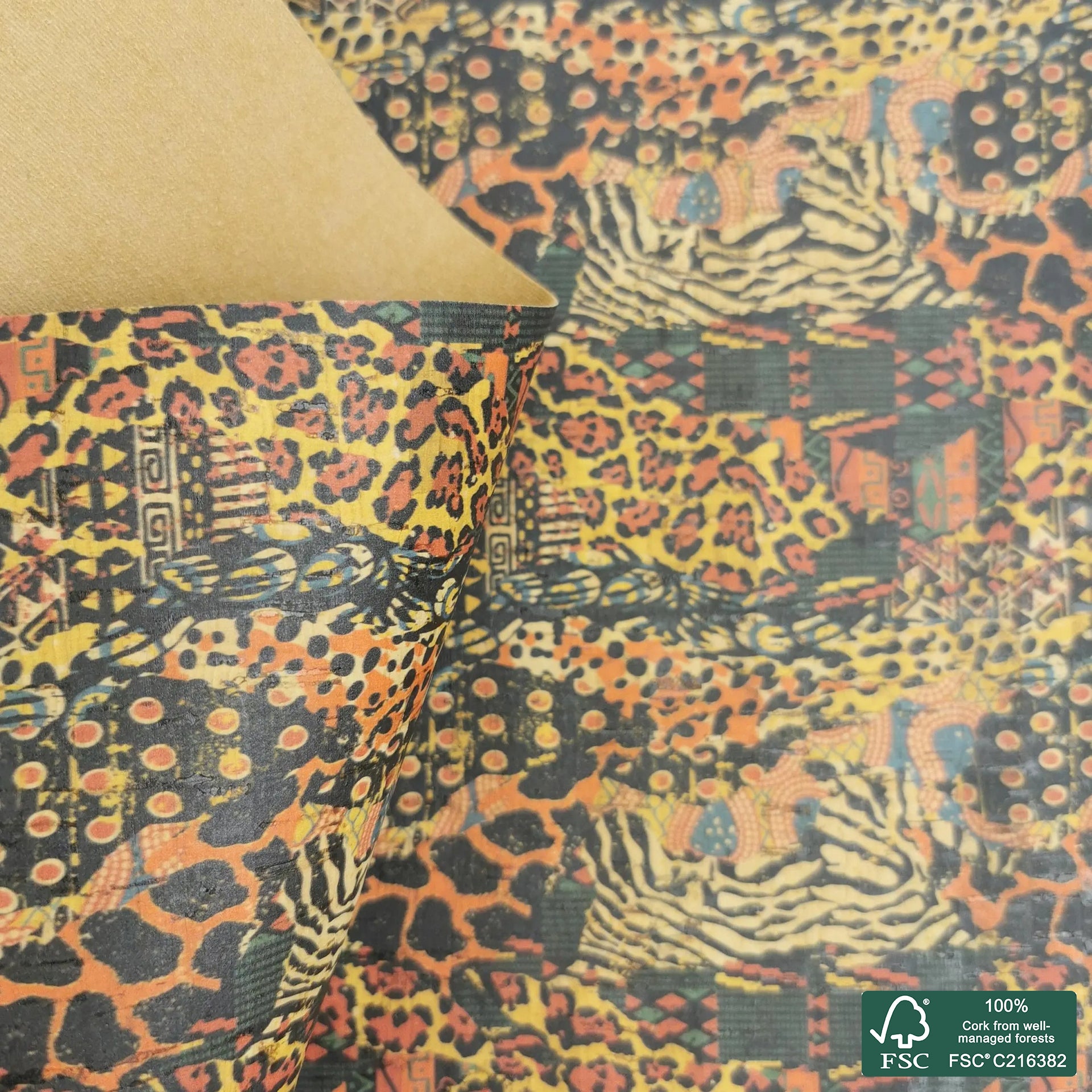 Leopard printed pattern on natural cork fabric (443)