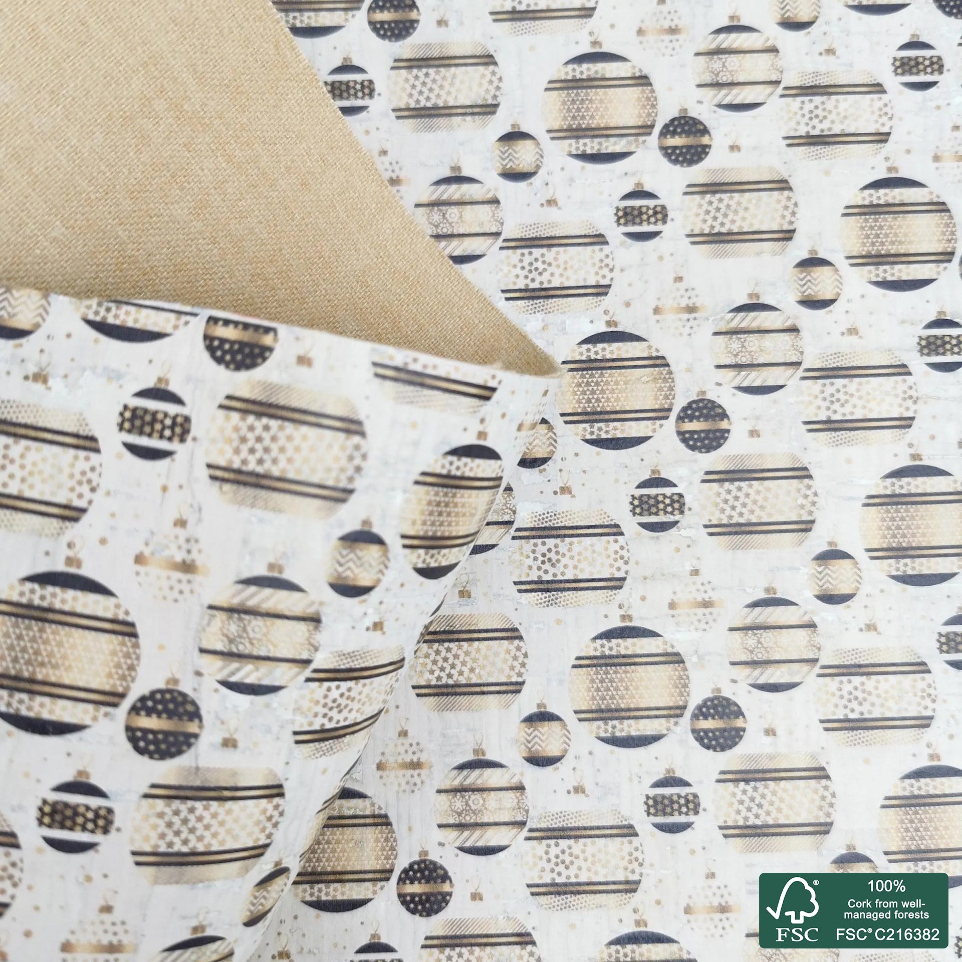 Christmas bubbles printed pattern on white cork fabric (446)