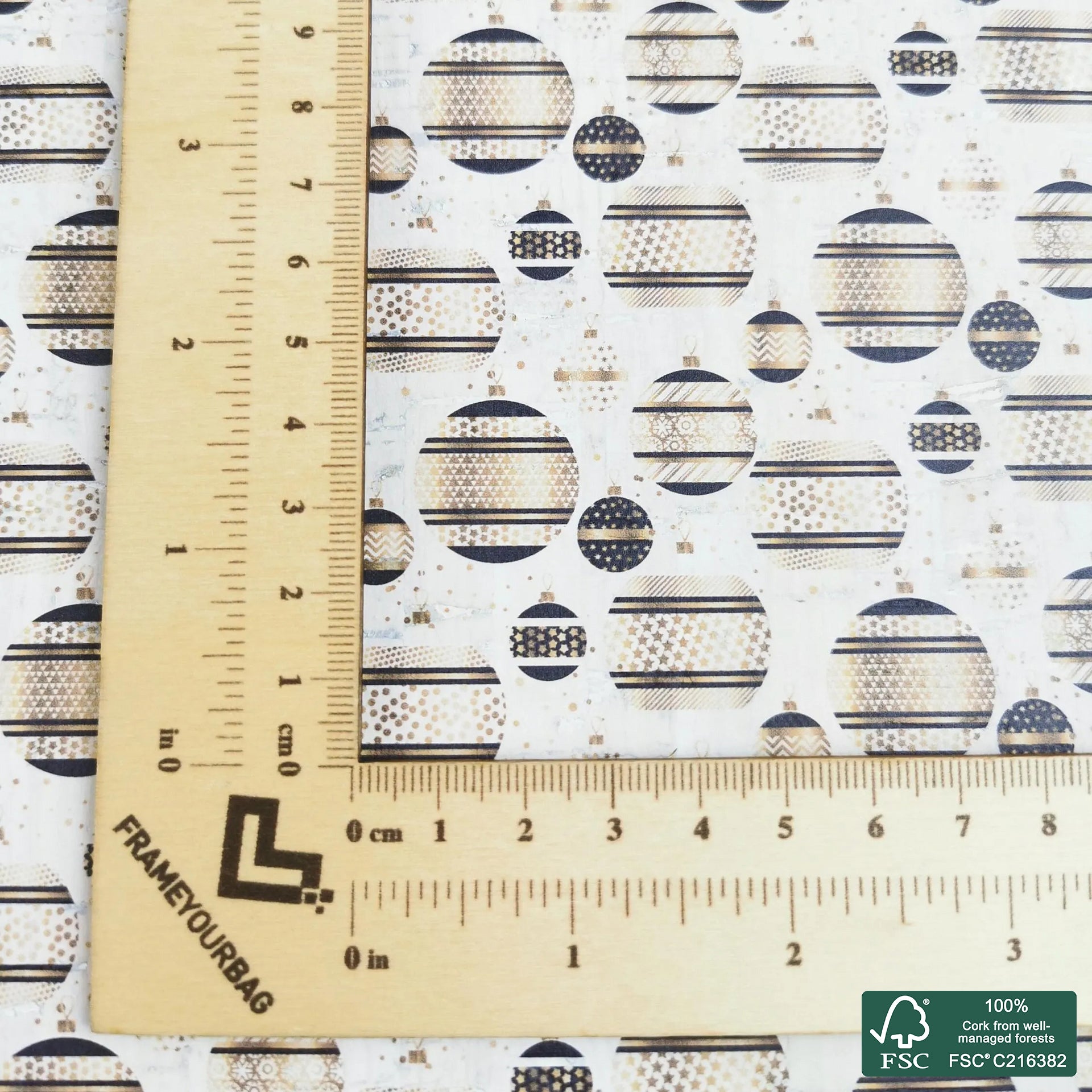 Christmas bubbles printed pattern on white cork fabric (446)