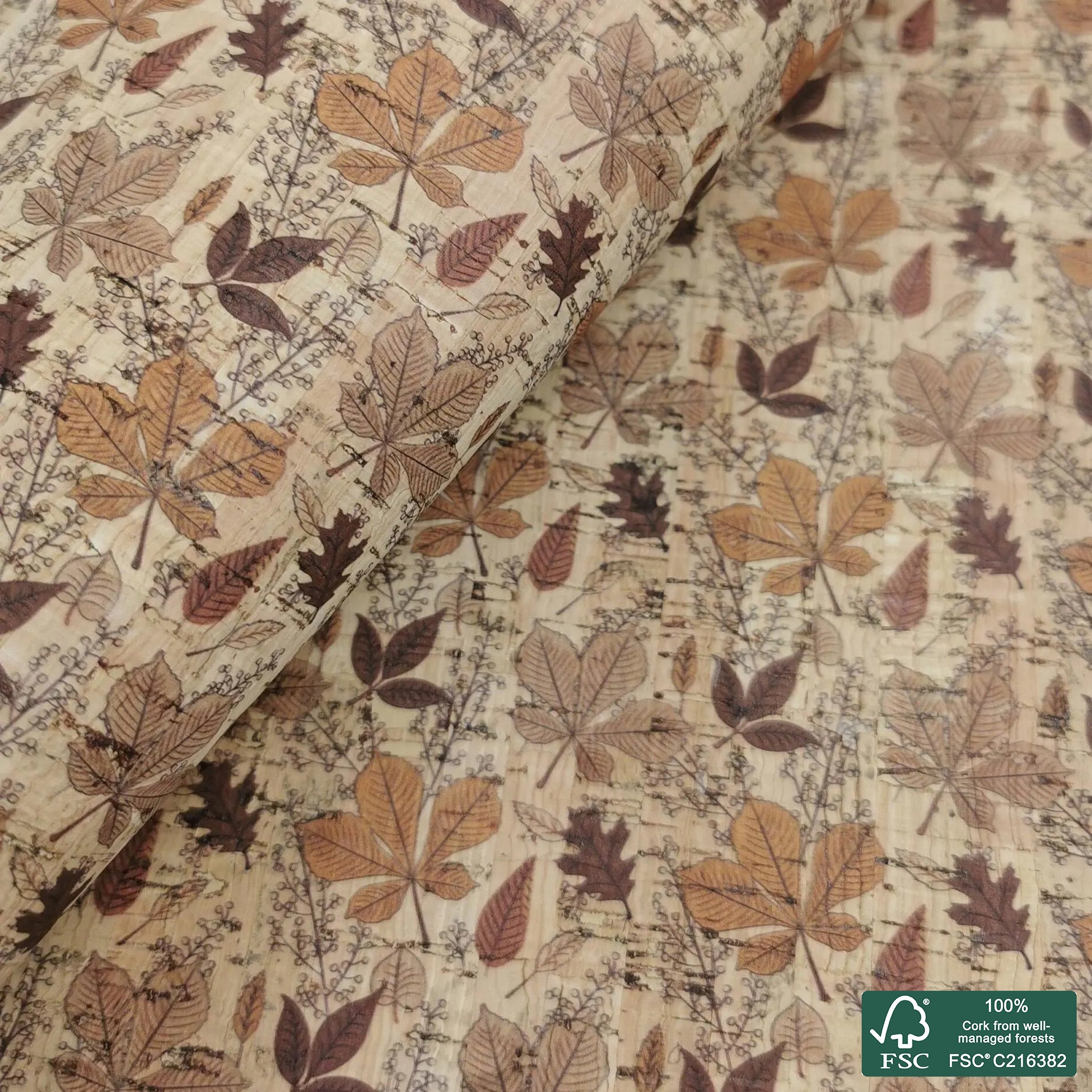 Leaves printed pattern on natural cork fabric (447)