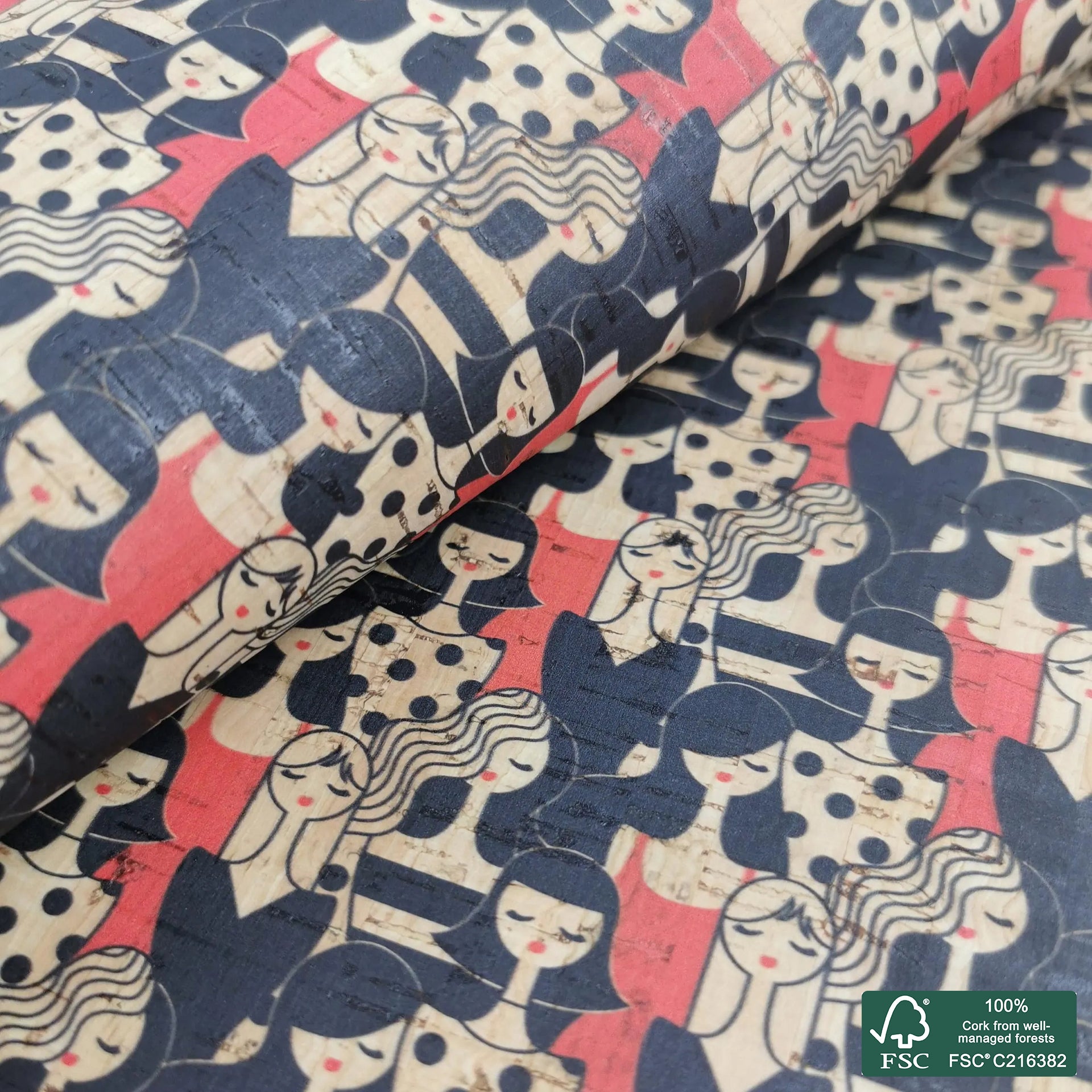 Woman printed pattern on natural cork fabric (451)