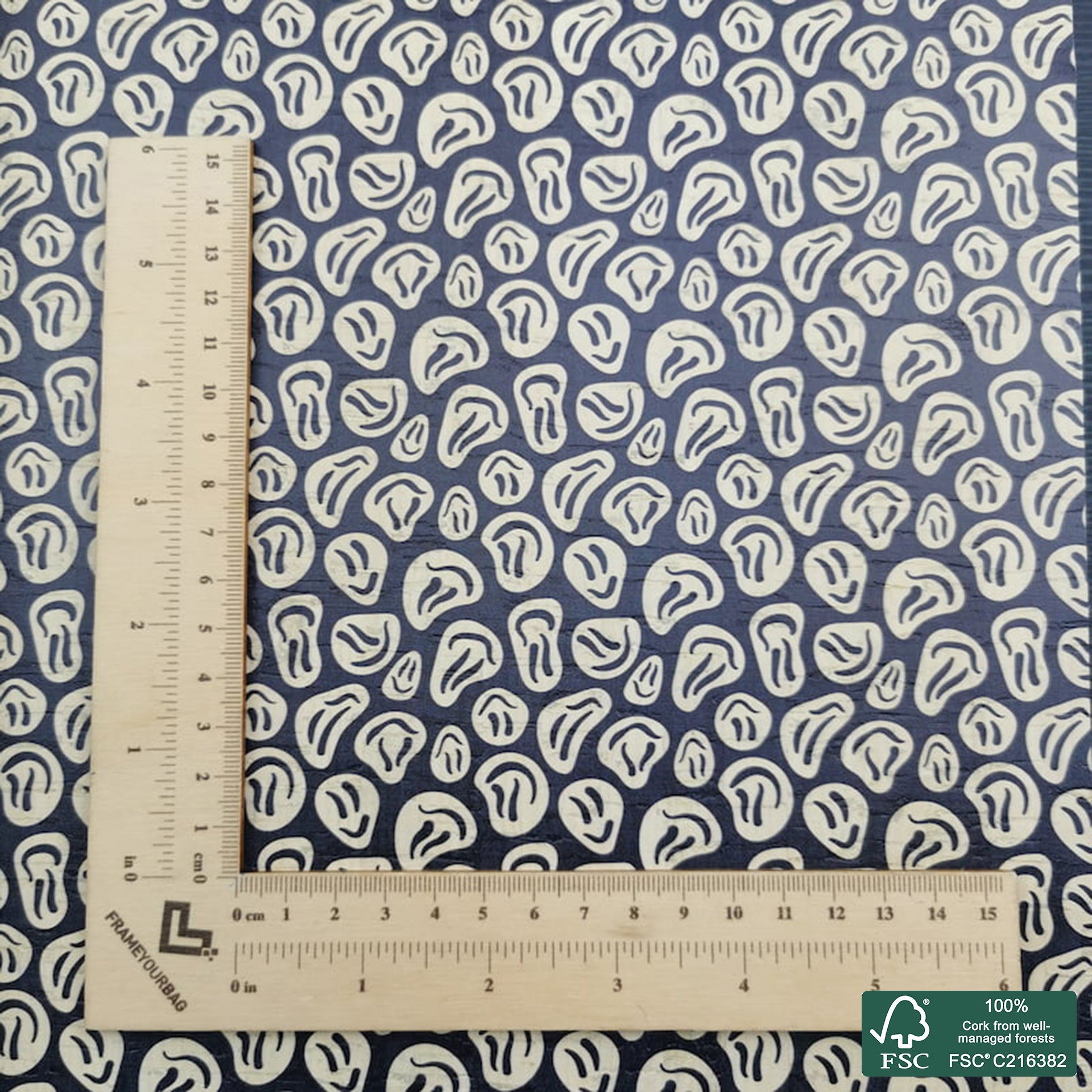 Smile printed pattern on white cork fabric (452)