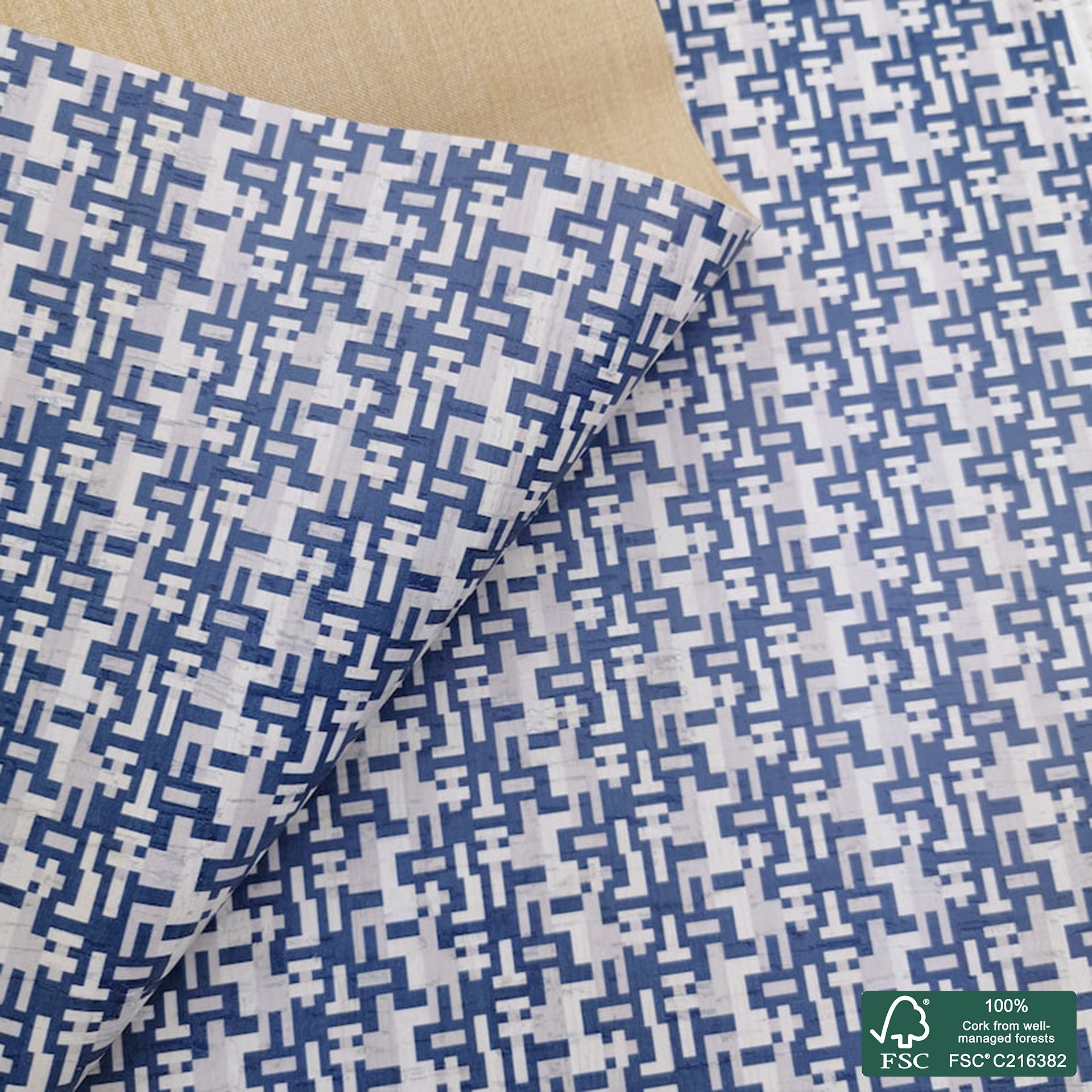 Abstract printed pattern on white cork fabric (453)