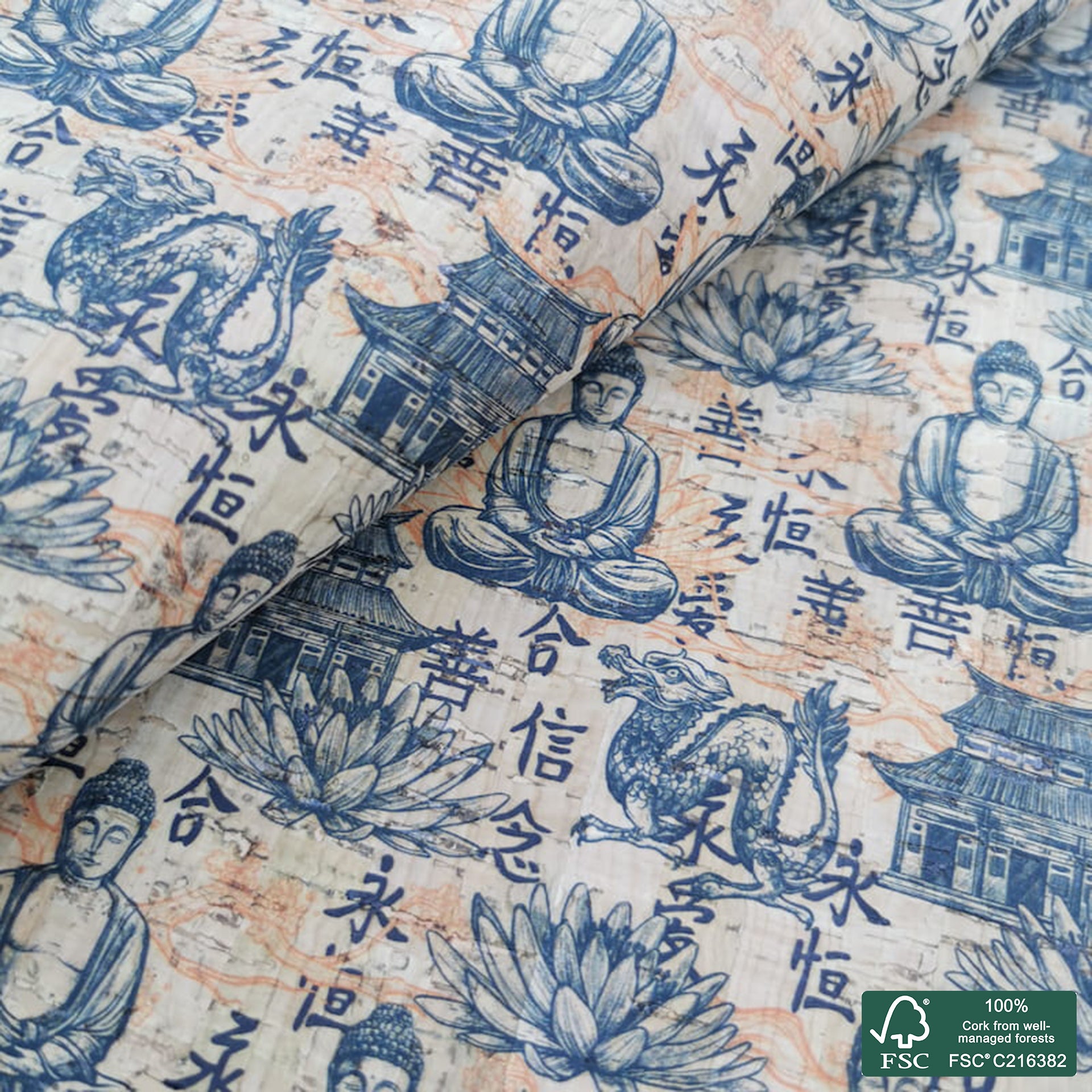 Buddah printed pattern on natural cork fabric (454)