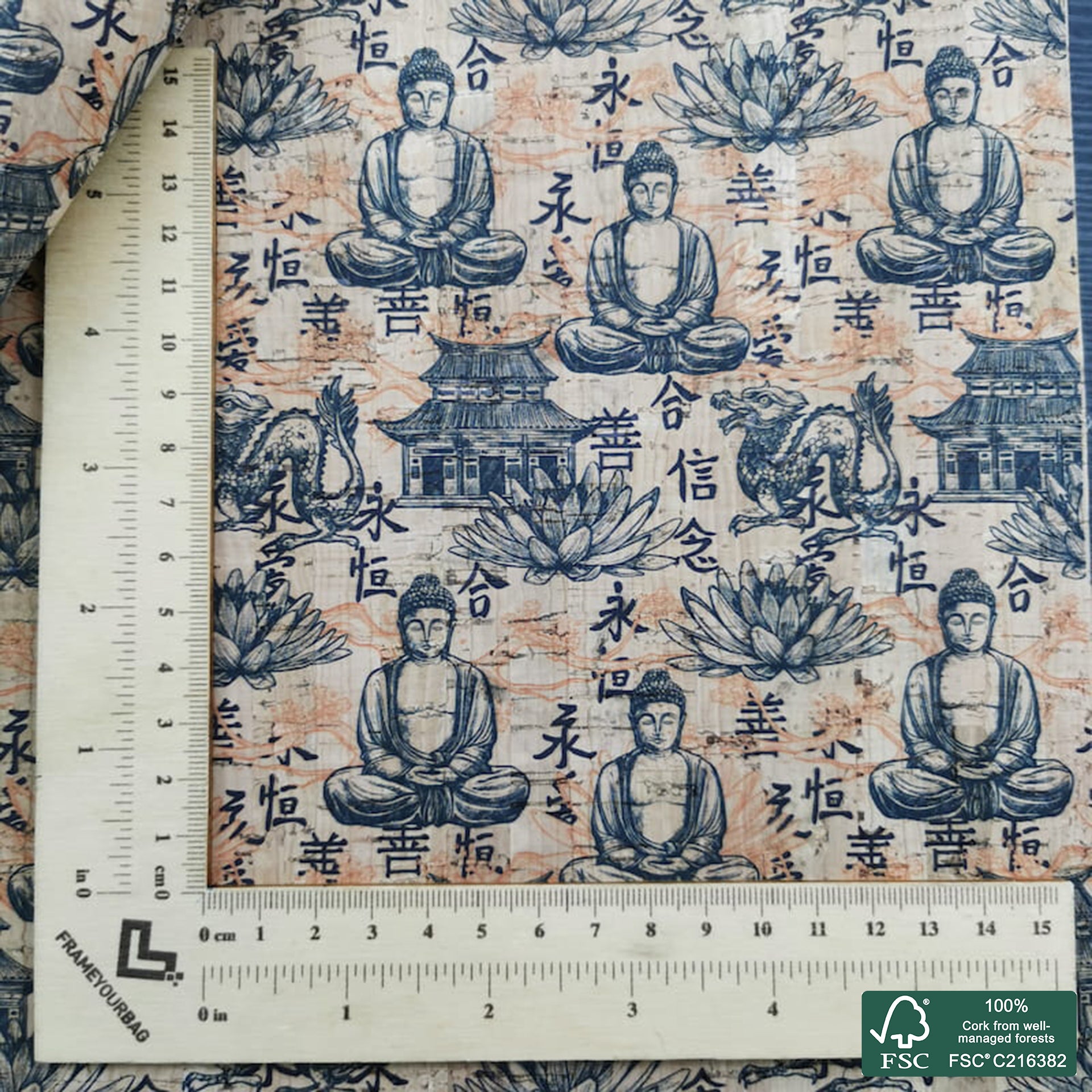 Buddah printed pattern on natural cork fabric (454)