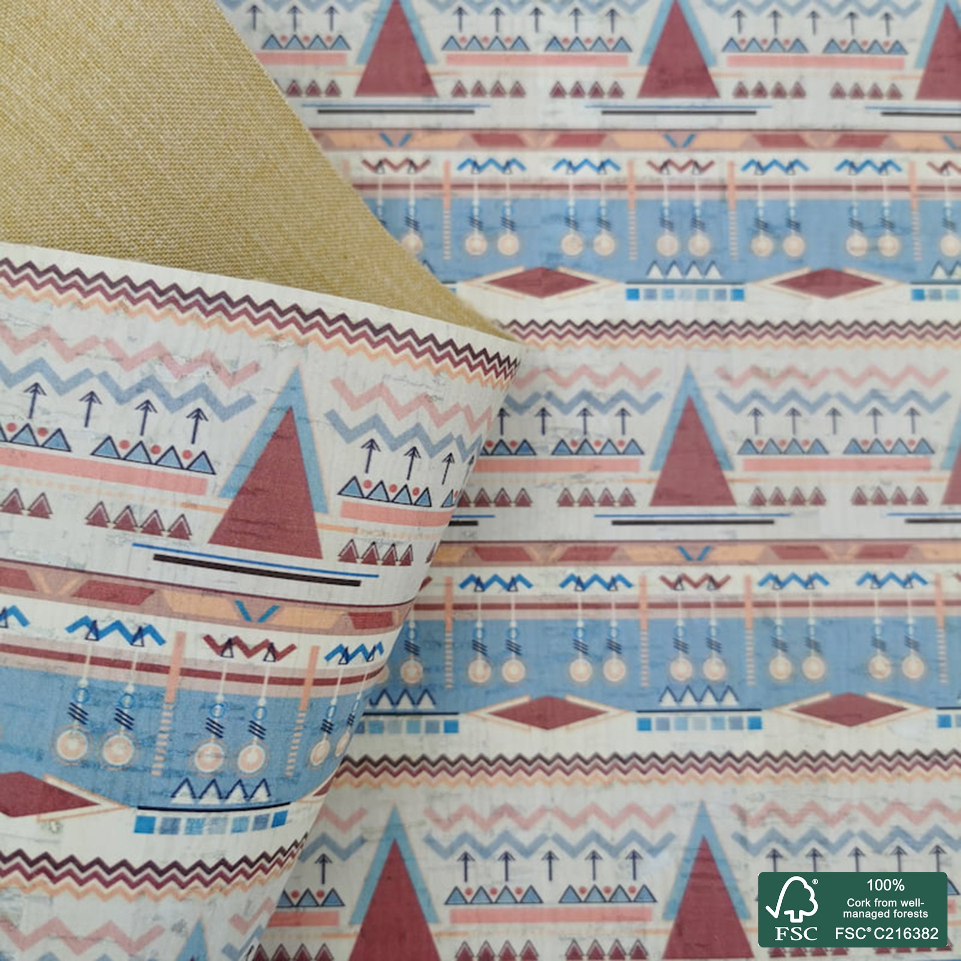 Tiles printed pattern on white cork fabric (455)